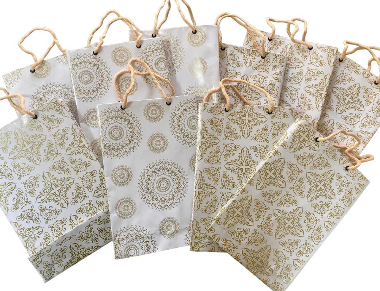Elegant White & Gold Small Rectangle Paper Gift Bags - Pack of 10 for Shopping, Party Favors, Wedding Returns & Everyday Carry | Premium Creative Art Design for Gifts & Special Occasions