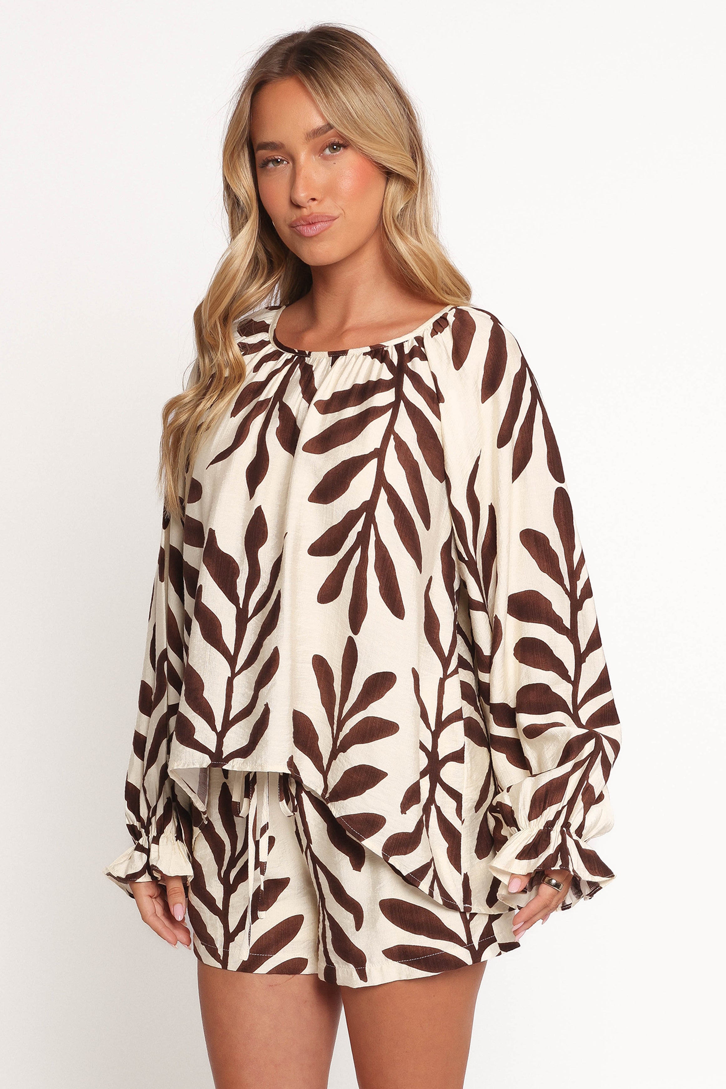 July Women's Long Sleeve Smock Top - Brown Palm Print Boho Blouse for Casual Wear, Work & Fall Outfits
