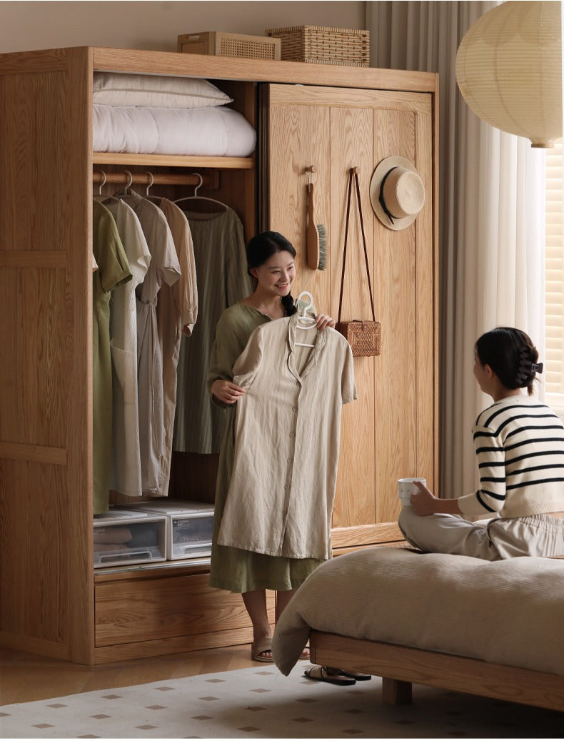 Modern Solid Oak Wood Sliding Door Wardrobe - Durable & Stylish Closet Organizer for Bedroom, Living Room, and Office Storage
