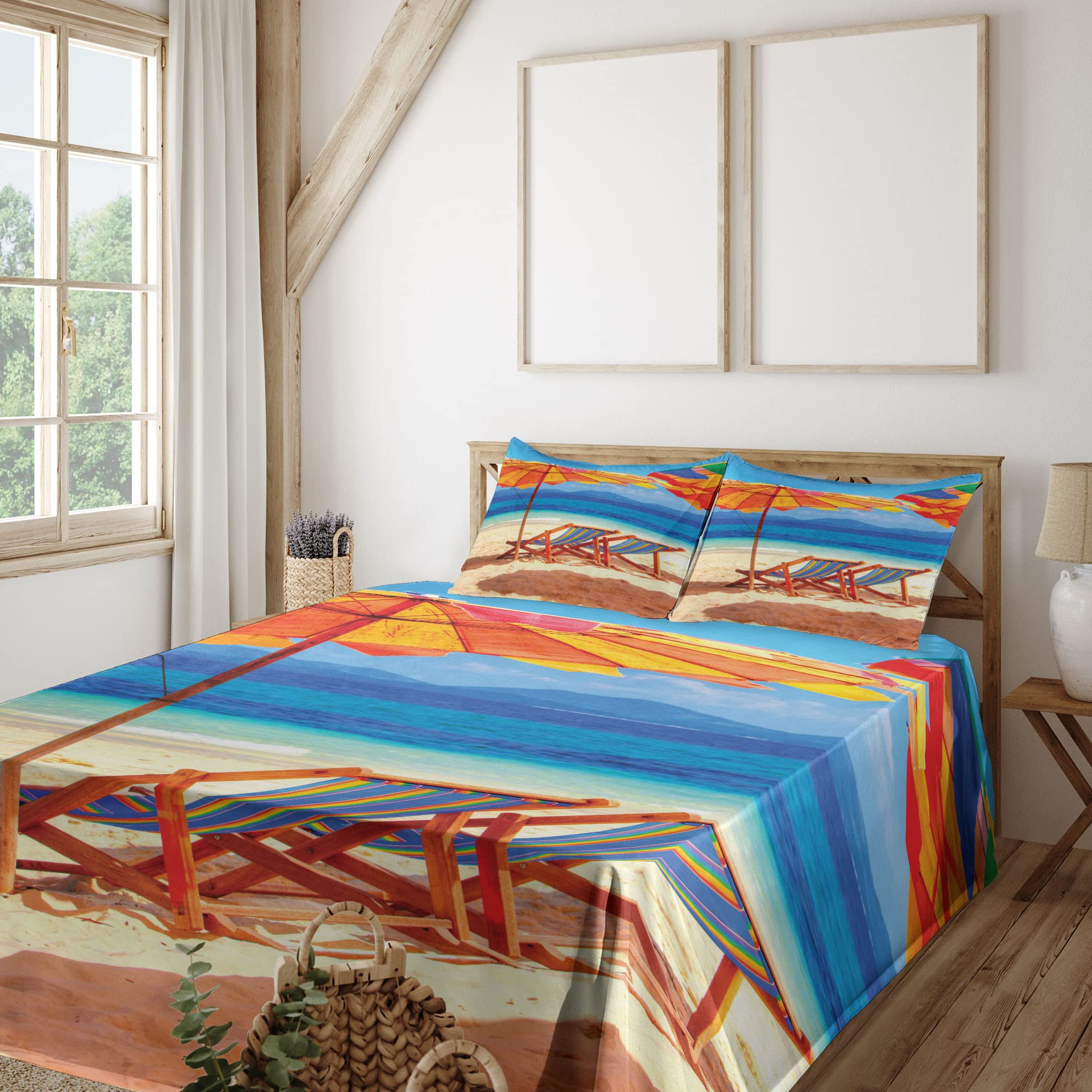 Ambesonne Tropical Beach Sheet Set - 3 Piece Twin Size with Fitted Sheet, Flat Sheet & Pillowcase - Orange Blue Coastal Decor Featuring Thailand Seaside Deck Chairs Design - Perfect for Vacation Themed Bedrooms, Guest Rooms & Beach House Decor