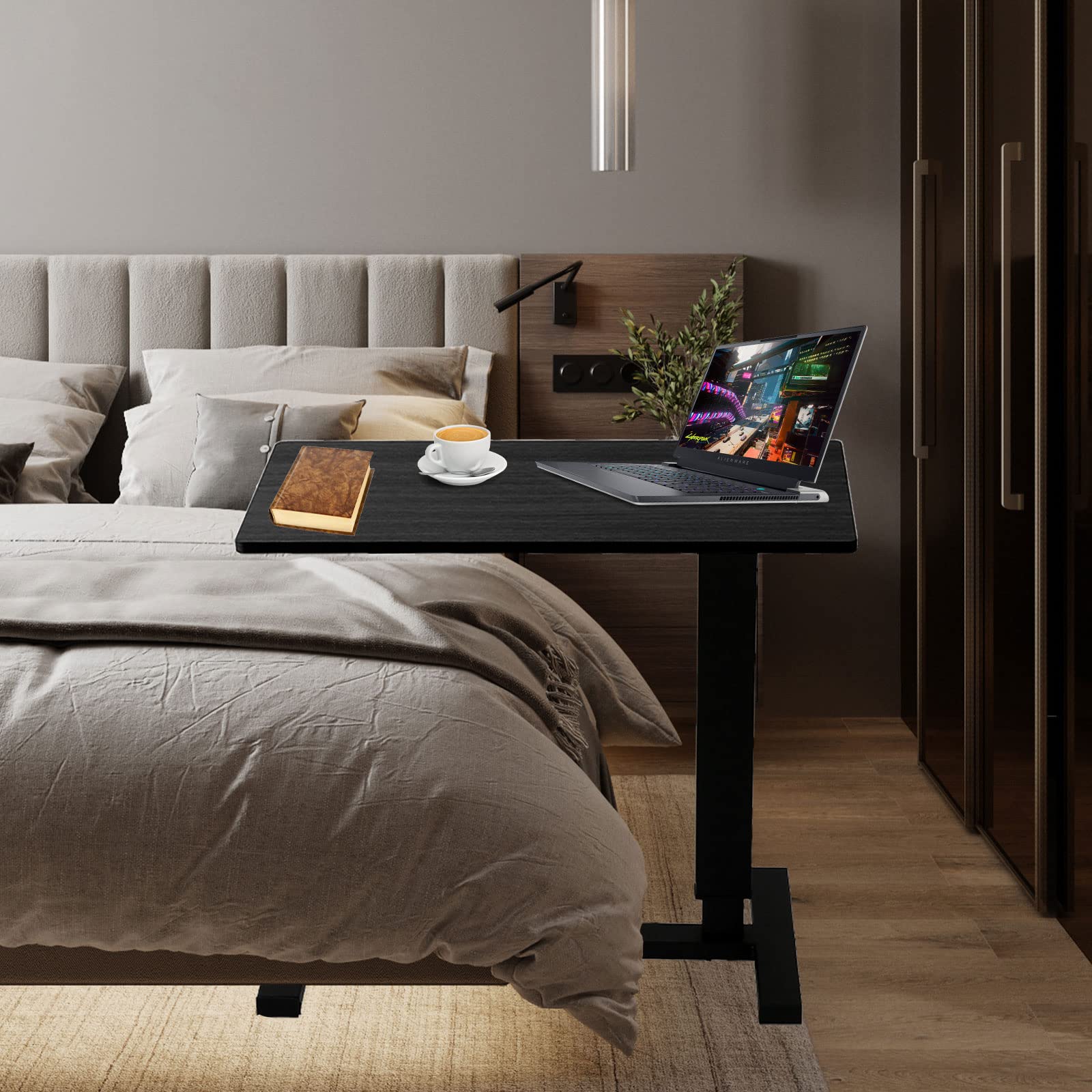 Adjustable Overbed Table with Wheels - Pneumatic Height Adjustable Hospital Bed Table, Multi-Purpose Laptop & Bedside Table for Home, Office & Patient Care - Perfect for Eating, Working & Reading in Bed