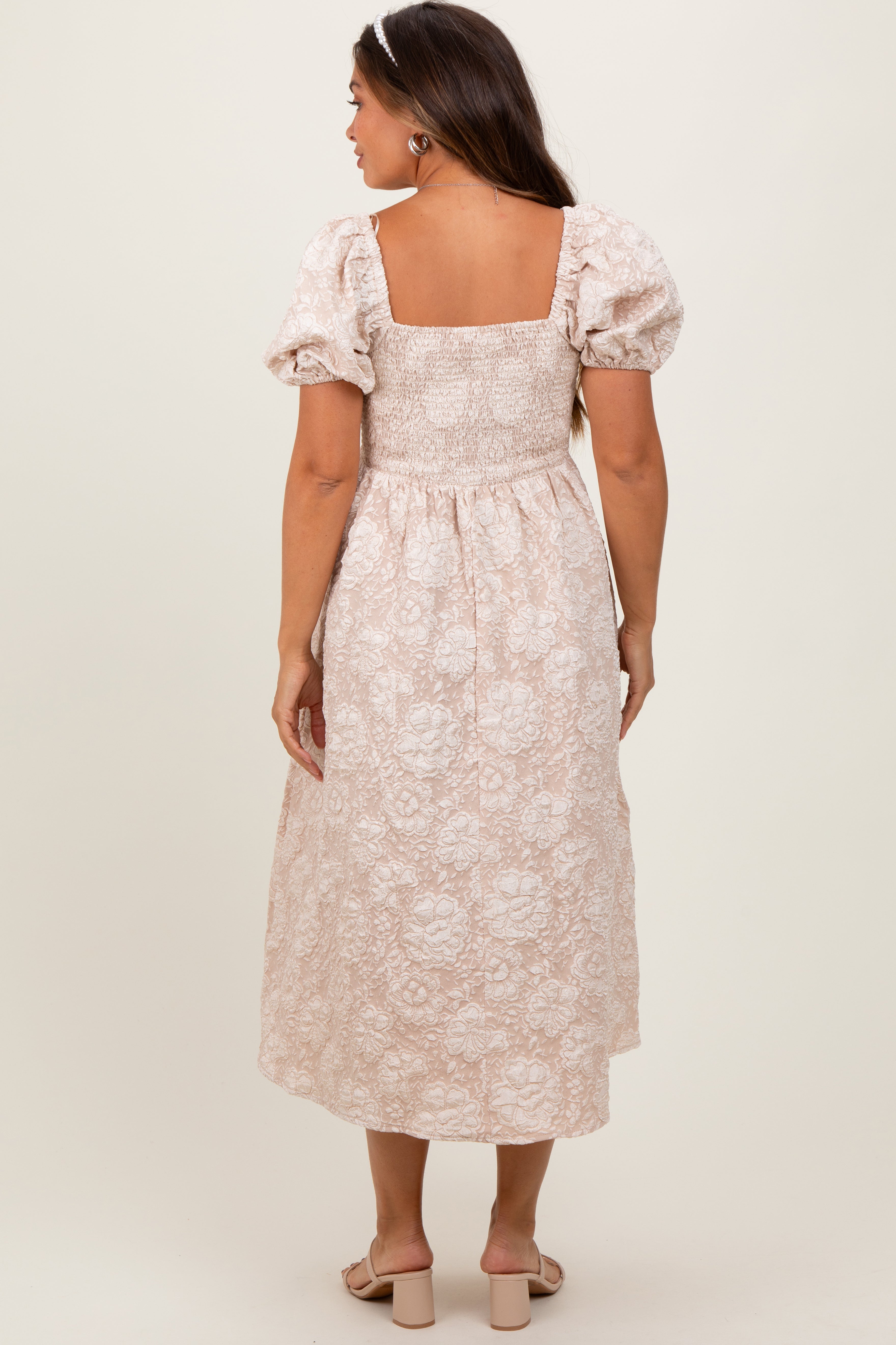 Beige Floral Jacquard Knit Puff Sleeves Maternity Midi Dress for Pregnancy Photos, Baby Shower & Special Occasions