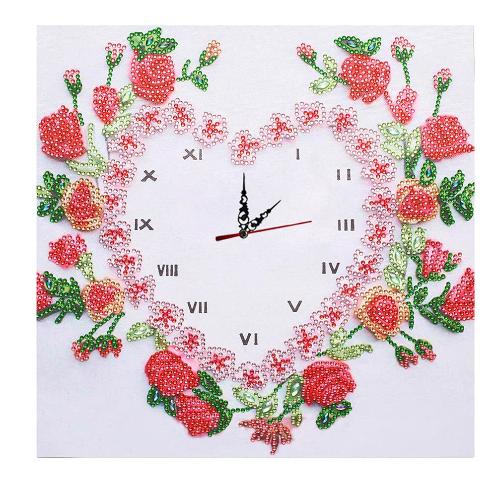 5D Diamond Painting Kit - DIY Heart Flower Wall Clock with Special Shape Rhinestones, Partial Drill Crystal Mosaic Art for Home Wall Décor | Perfect for Craft Lovers & Gift Giving (JR2)