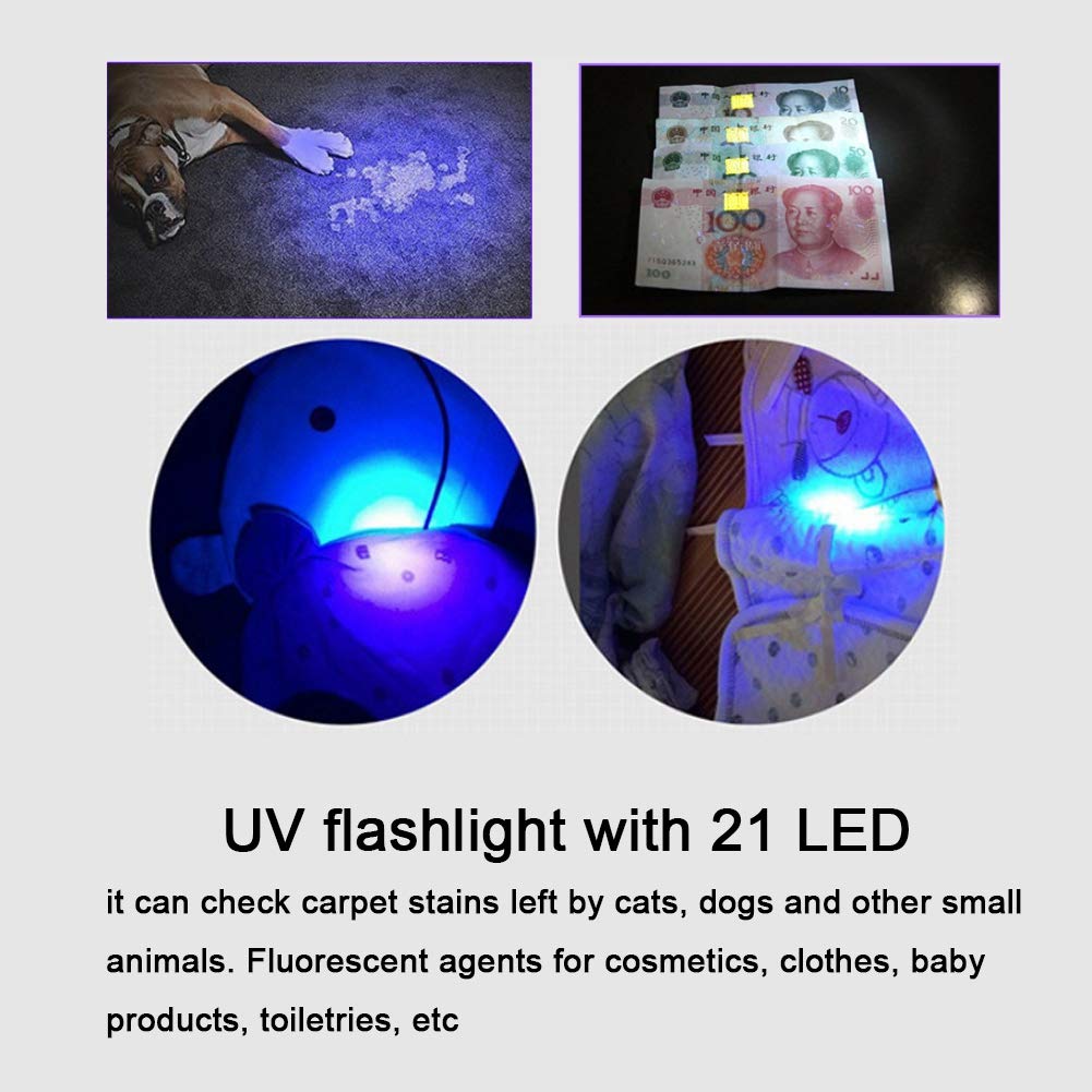 21 LED UV Flashlight - Pet Urine Detector Light for Dogs & Cats | Mini Torch for Finding Stains on Carpets, Furniture & Floors | Portable Urine Light Detector (No Tail Strap)