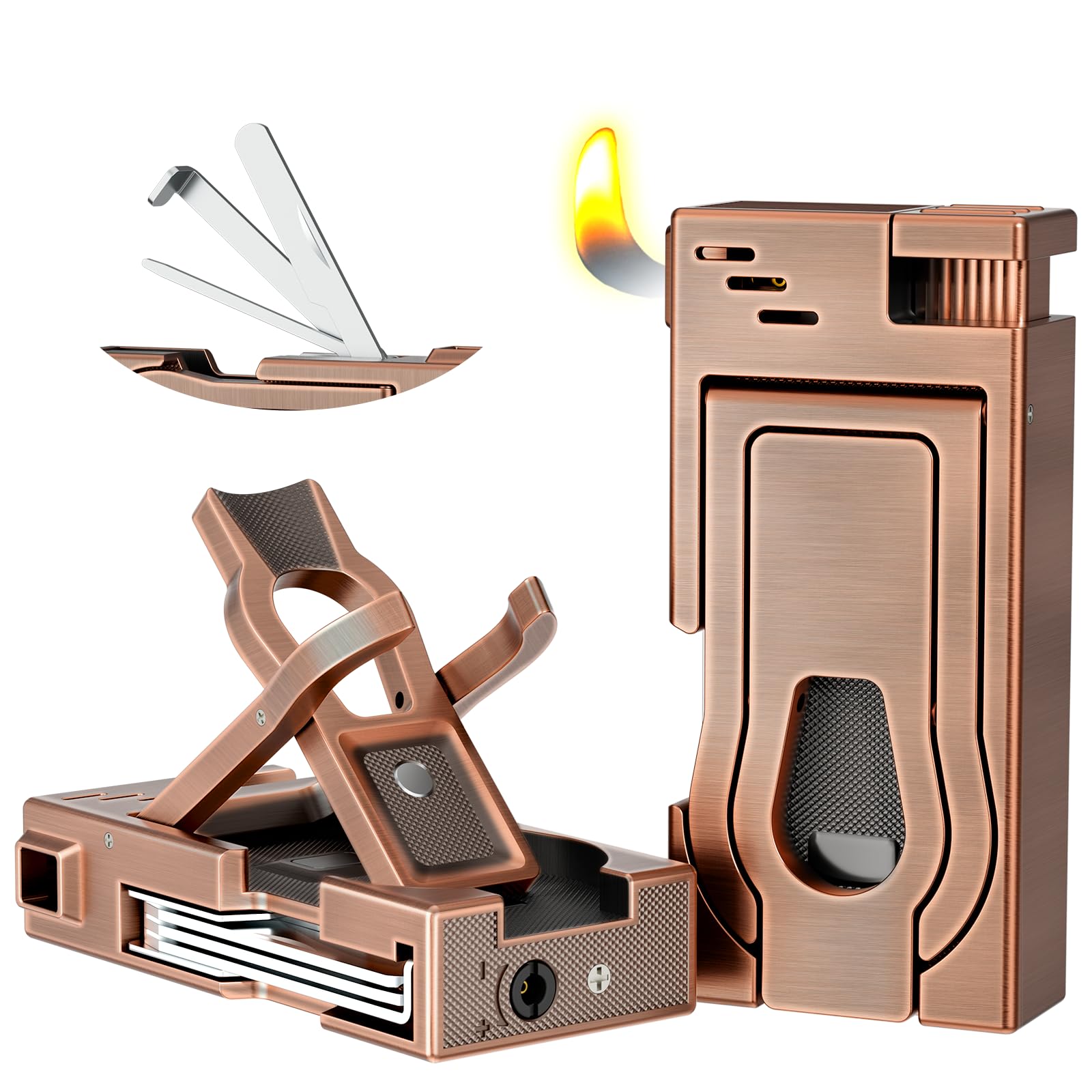 Refillable Butane Pipe Lighter with Stand - 3-in-1 Cleaning Tools & Angled Soft Flame - Perfect Smoking Accessory for Pipe Enthusiasts - Ideal Gift for Father's Day & Christmas (Bronze) - Great for Relaxing at Home or Outdoor Smoking Sessions