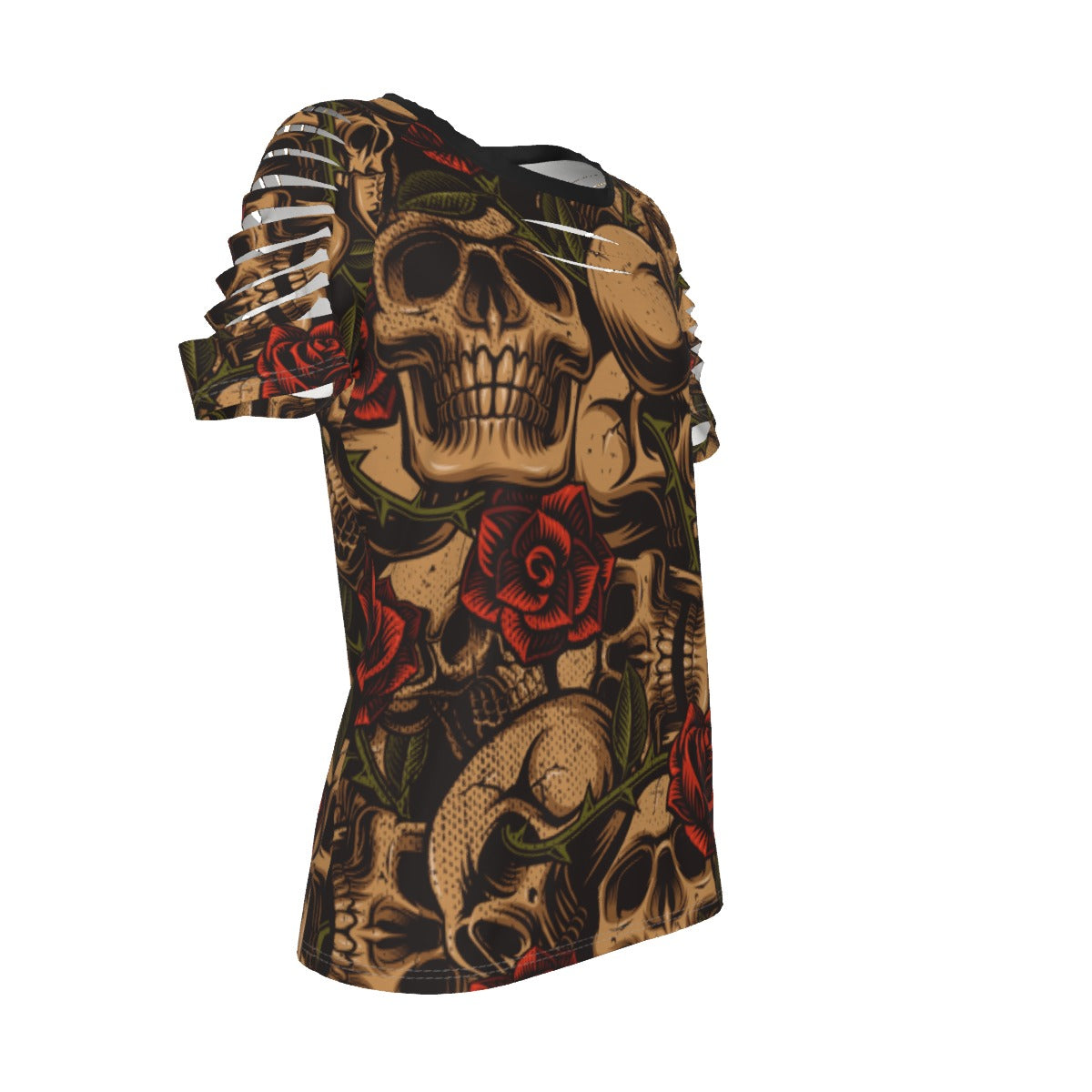 Bronze Skulls and Roses Vintage Ripped T-Shirt for Men | Gothic Streetwear | Perfect for Concerts, Halloween & Alternative Fashion