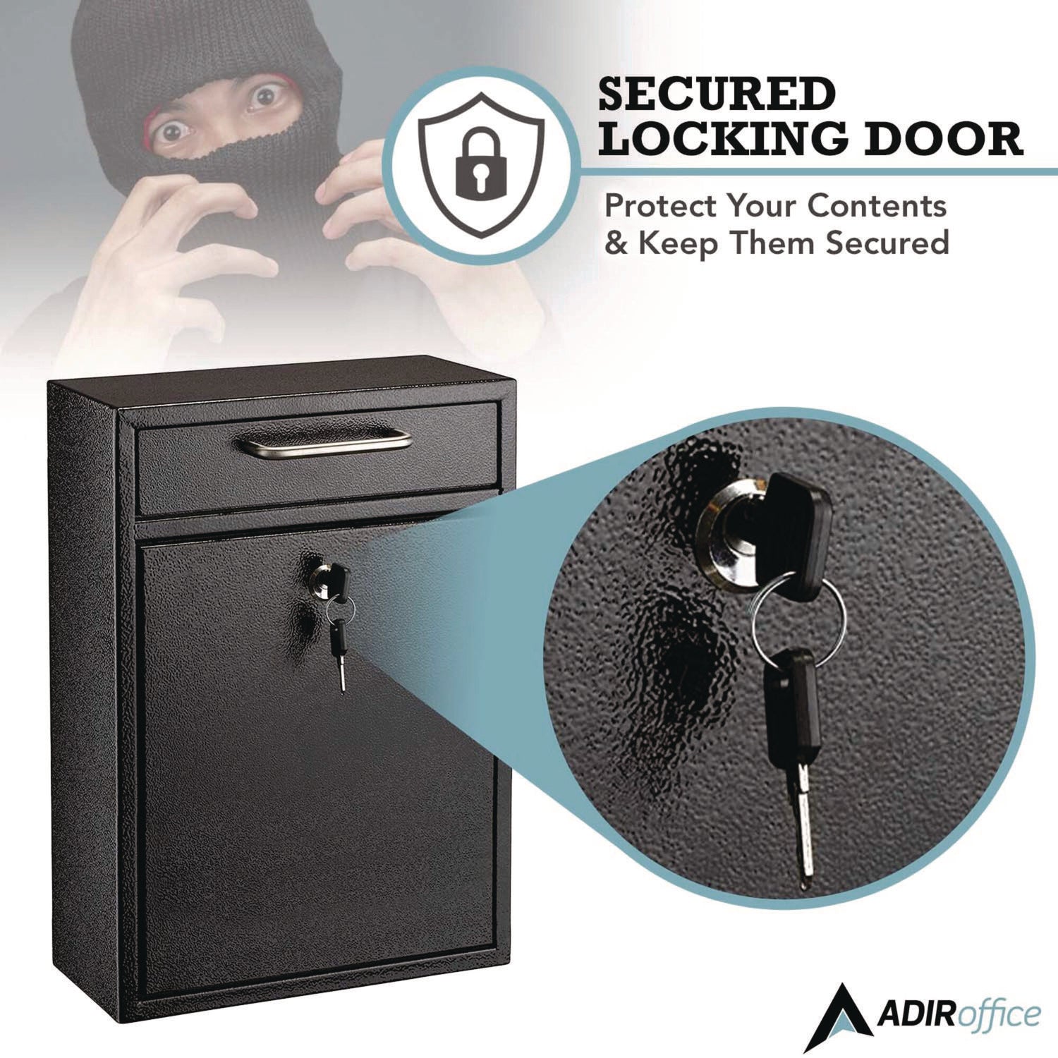 AdirOffice Large Wall Mounted Secure Drop Box - 11.2 x 4.7 x 16.2 Inches - Black Mailbox for Home & Office - Perfect for Secure Package Delivery, Documents and Mail Collection