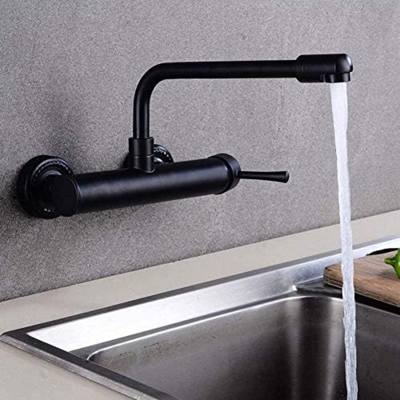 CRJUS Brass Wall Mounted Black Kitchen Faucet - Dual Hole Single Handle Design for Modern Kitchens | Perfect for Sinks, Prep Areas & Small Spaces