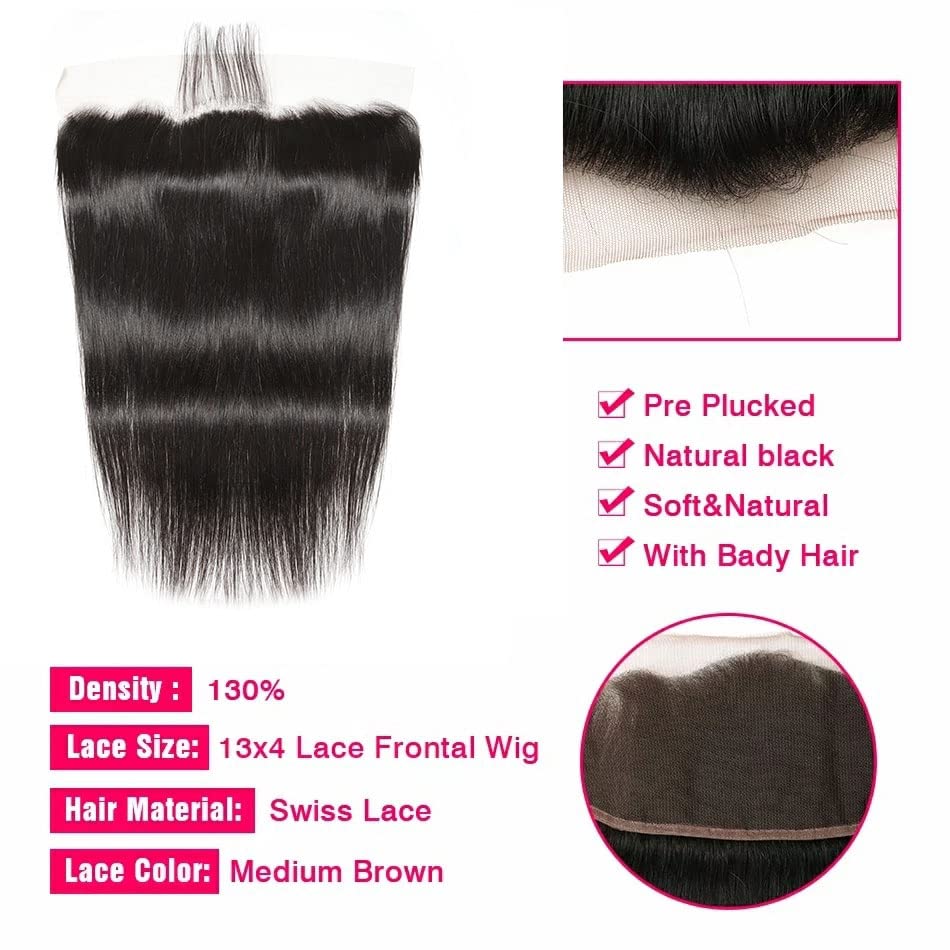 10A Brazilian Straight Virgin Hair Bundles with Frontal (16 18 20+14 Inch) - 100% Unprocessed Human Hair Weft for Sew-in, Glueless Wigs & Natural Hairstyles - Perfect for Daily Wear, Special Occasions & Salon Styling