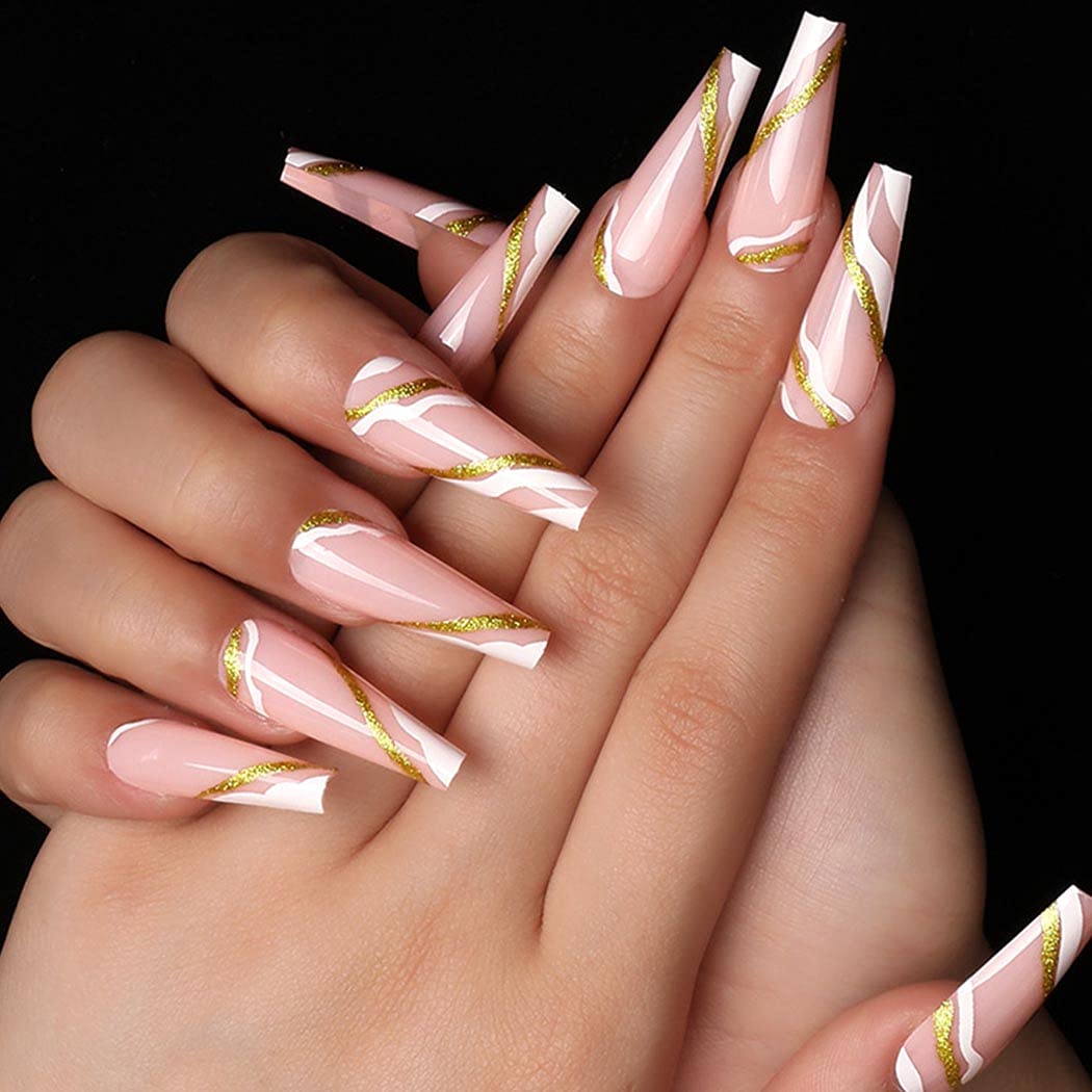 **24pcs Extra Long Coffin Press on Nails - Glossy Ballerina Fake Nails with Gold Wave Design, Acrylic Full Cover Artificial Nails for Women & Girls | Perfect for Parties, Weddings, and Special Occasions**