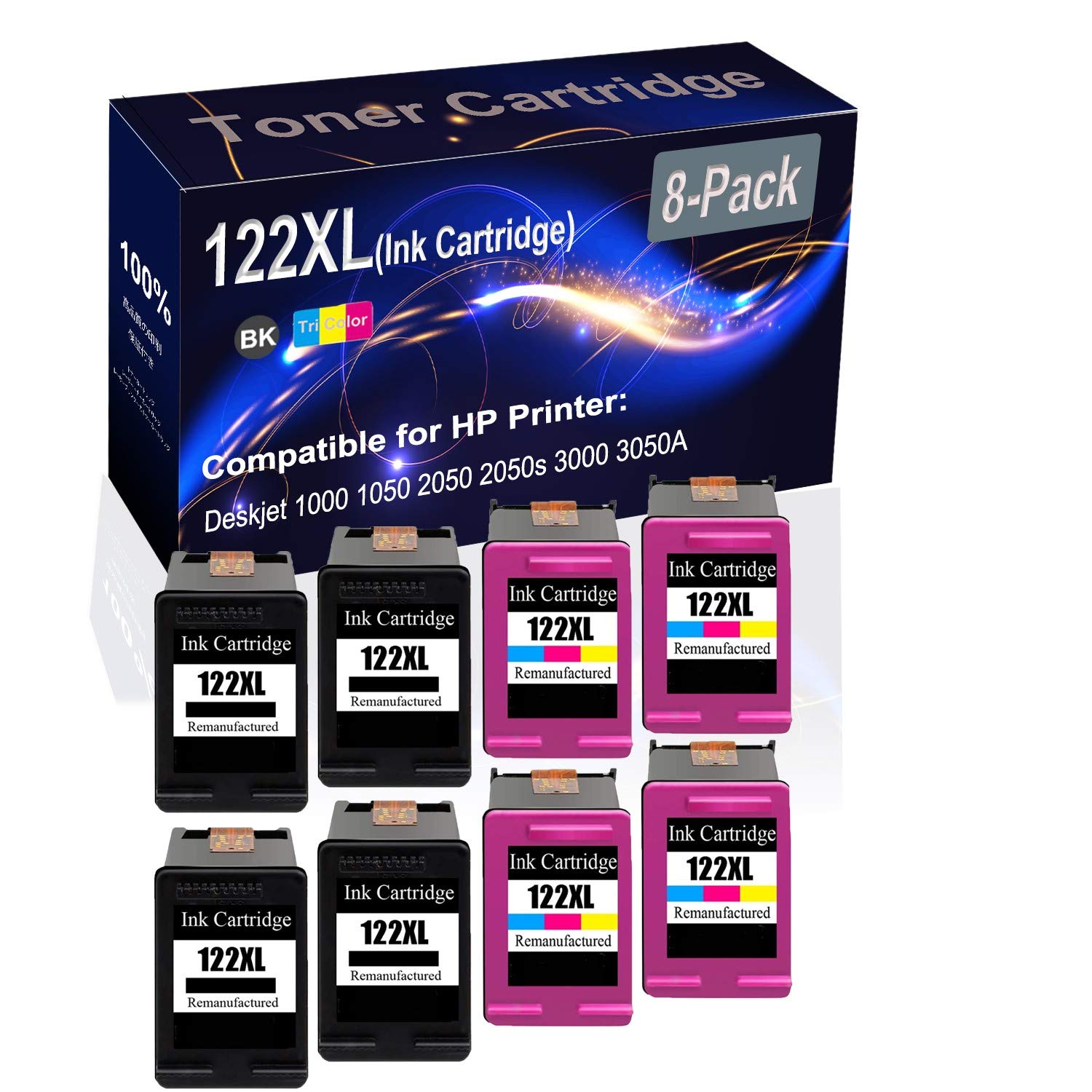 8-Pack (4 Black + 4 Tri-Color) High Yield Remanufactured Ink Cartridge Replacement for HP 122XL 122XL - Compatible with HP Deskjet 1000 1050 2050 2050s 3000 3050A Printers - Perfect for Home, Office & School Printing Needs