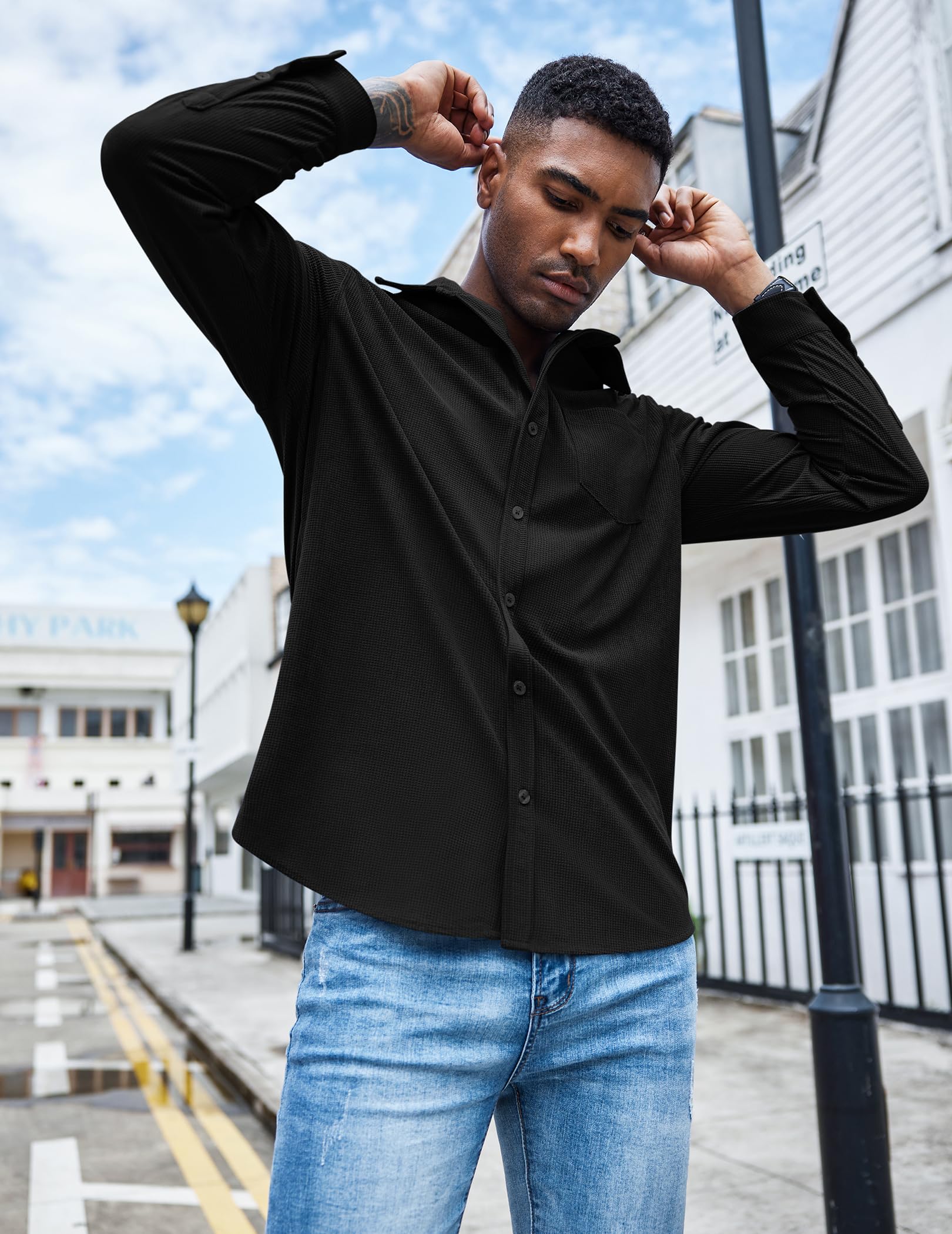 COOFANDY Men's Waffle Knit Button Down Shirt - Casual Long Sleeve Shacket Jacket with Pockets | Warm Layering for Fall & Winter | Perfect for Outdoor Activities, Work & Date Nights