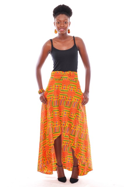 Kente Print Ruffled High-Low Maxi Skirt DP3227HL | African Ankara Skirt for Women | Perfect for Weddings, Parties & Cultural Events
