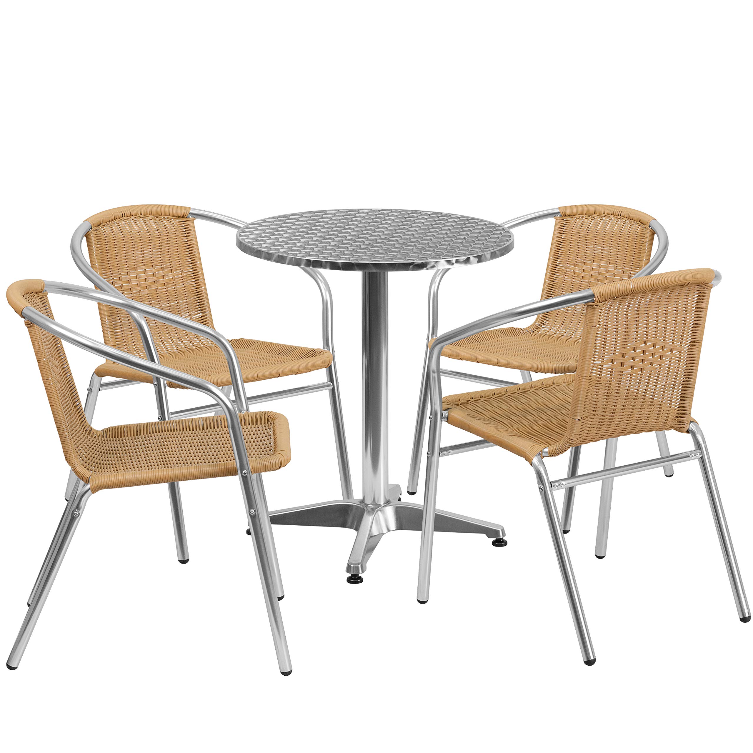 Flash Furniture Lila 23.5'' Round Aluminum Patio Dining Table Set with 4 Beige Wicker Chairs - Perfect for Outdoor Entertaining, Backyard BBQs & Poolside Gatherings