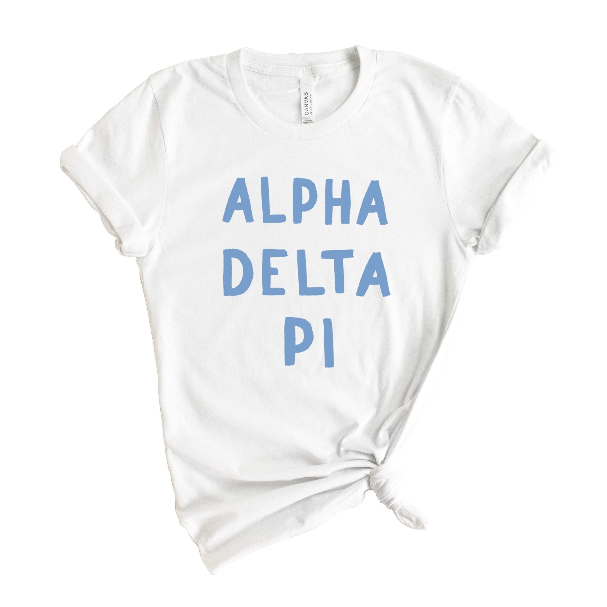 ADPi Alpha Delta Pi Sorority Blue Bubble Letter T-Shirt - Comfortable & Stylish for Sisterhood Events, Campus Wear & Greek Life