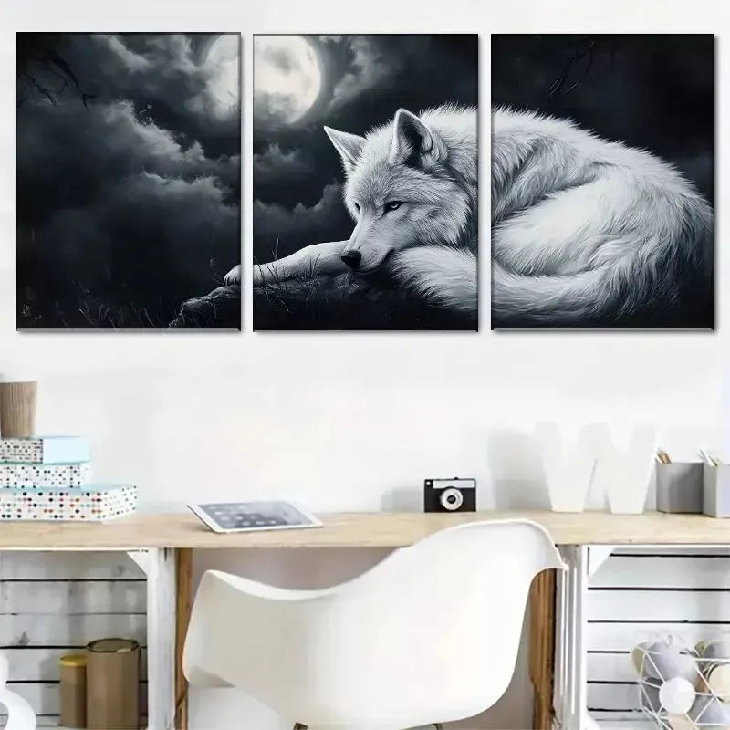 3-Piece Moonlit Wolf Dreamscape Canvas Art Set - Framed 50x70cm Wolves Wall Decor | High Quality Australian Made Print | Ready to Hang for Living Room, Bedroom, or Office