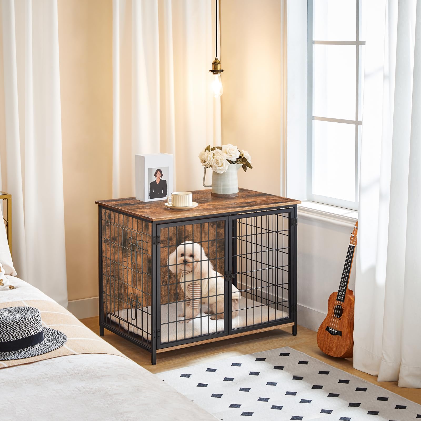 Sturdy Wooden Dog Crate Furniture with Plush Cushion - Double Door Design for Small, Medium & Large Dogs - Heavy Duty Indoor Dog Kennel & End Table (31.5