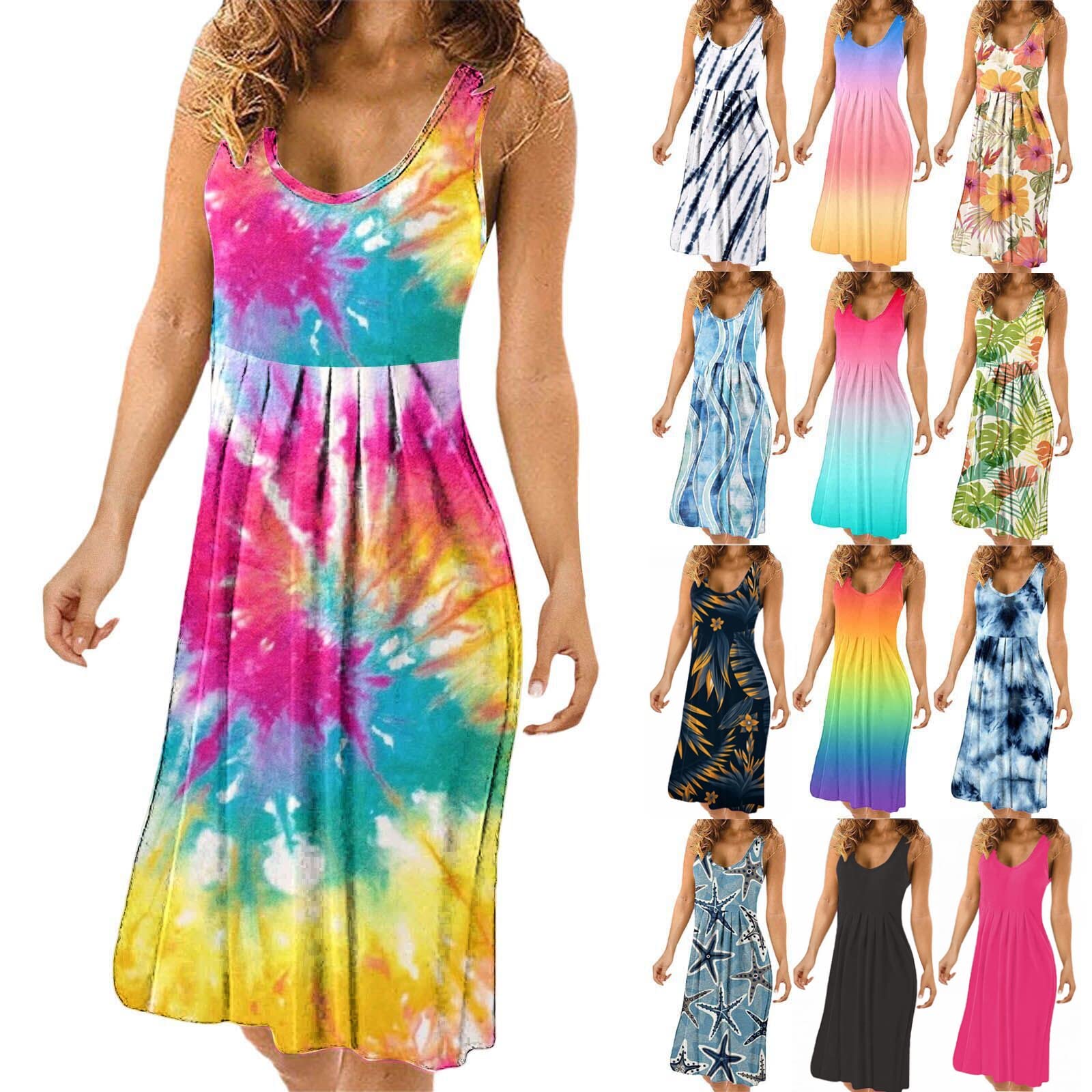 Women's Summer Dresses 2023 - Boho Floral Short Sleeveless Pleated Dress for Casual Beach & Vacation Wear | Cute Sun Dress for Outdoor Parties, Picnics and Tropical Getaways