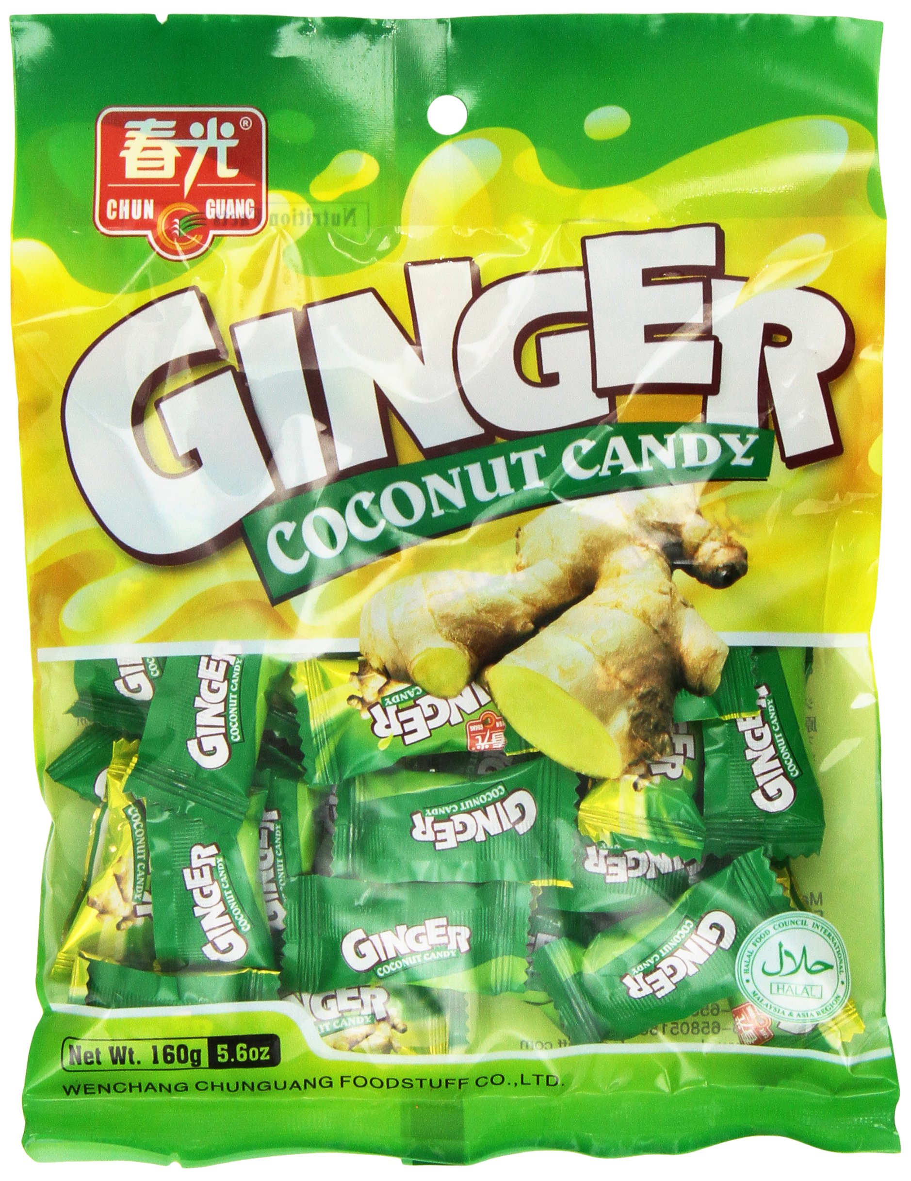 Chun Guang Ginger Coconut Candy - 5.6oz Natural Ginger Coconut Chewy Candy - Perfect for Travel, Office Snacks & Asian Dessert Lovers