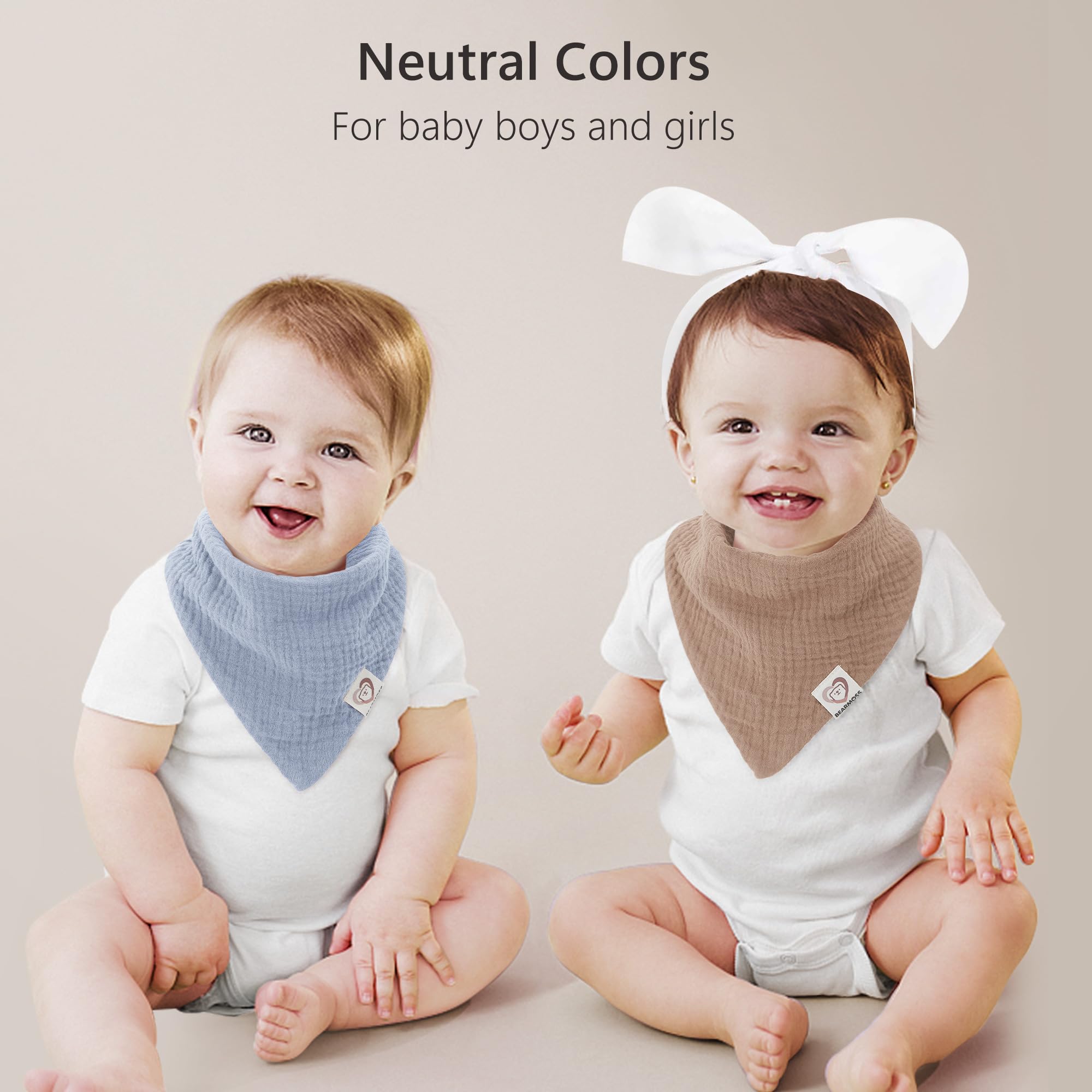 Bearmoss 100% Cotton Muslin Baby Bibs 6-Pack - Soft Absorbent Drool Bibs for Newborns, Infants & Toddlers - Unisex Bandana Bibs for Boys & Girls - Perfect for Teething, Feeding & Everyday Use