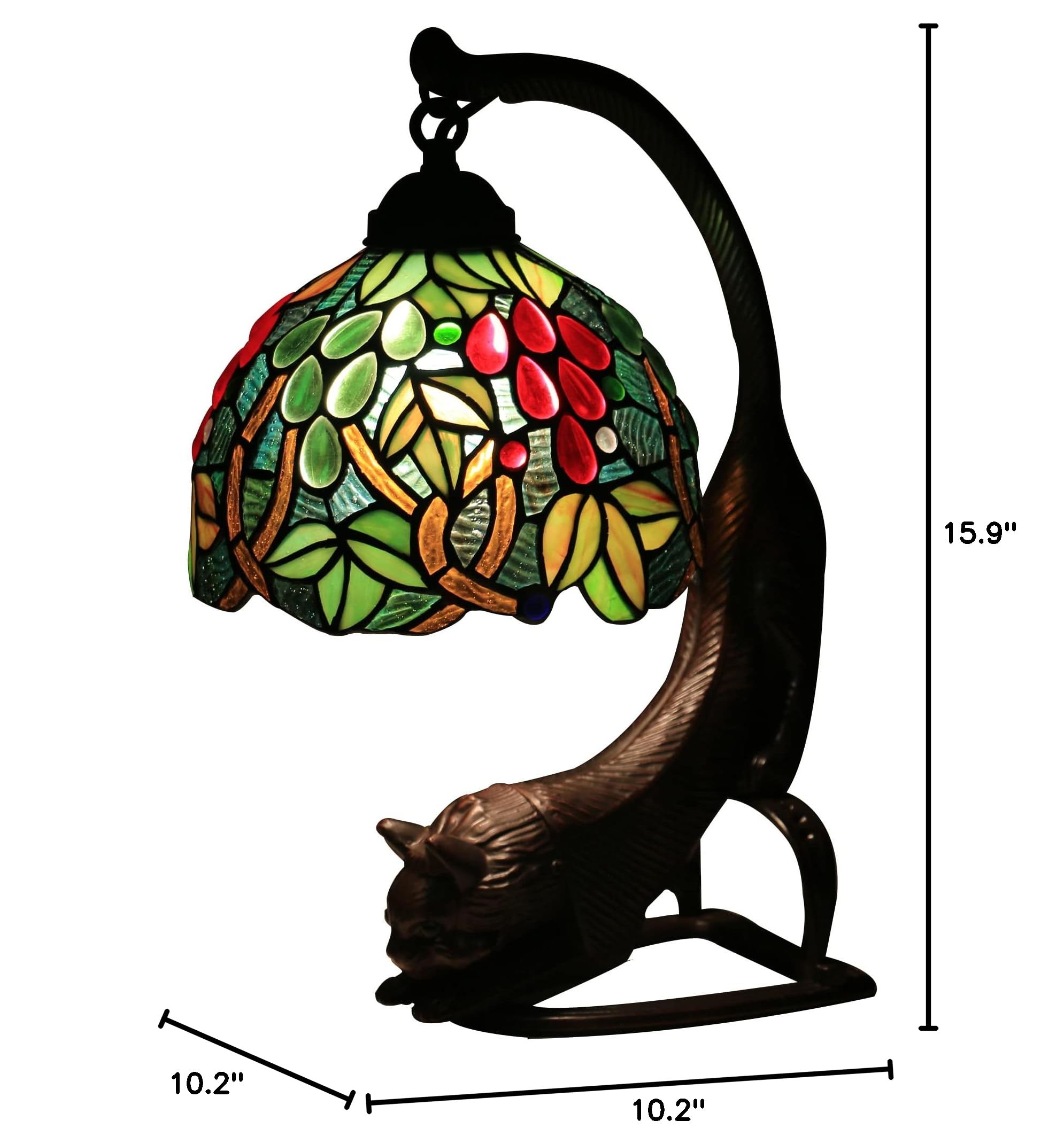 8 Inch Tiffany Style Table Lamp - Green Grapes Stained Glass Desk Lamp with Alloy Cat Base, E26 MAX40W for Living Room, Bedroom & Bedside Decor | Perfect for Home Office, Reading Nook & Cozy Ambiance