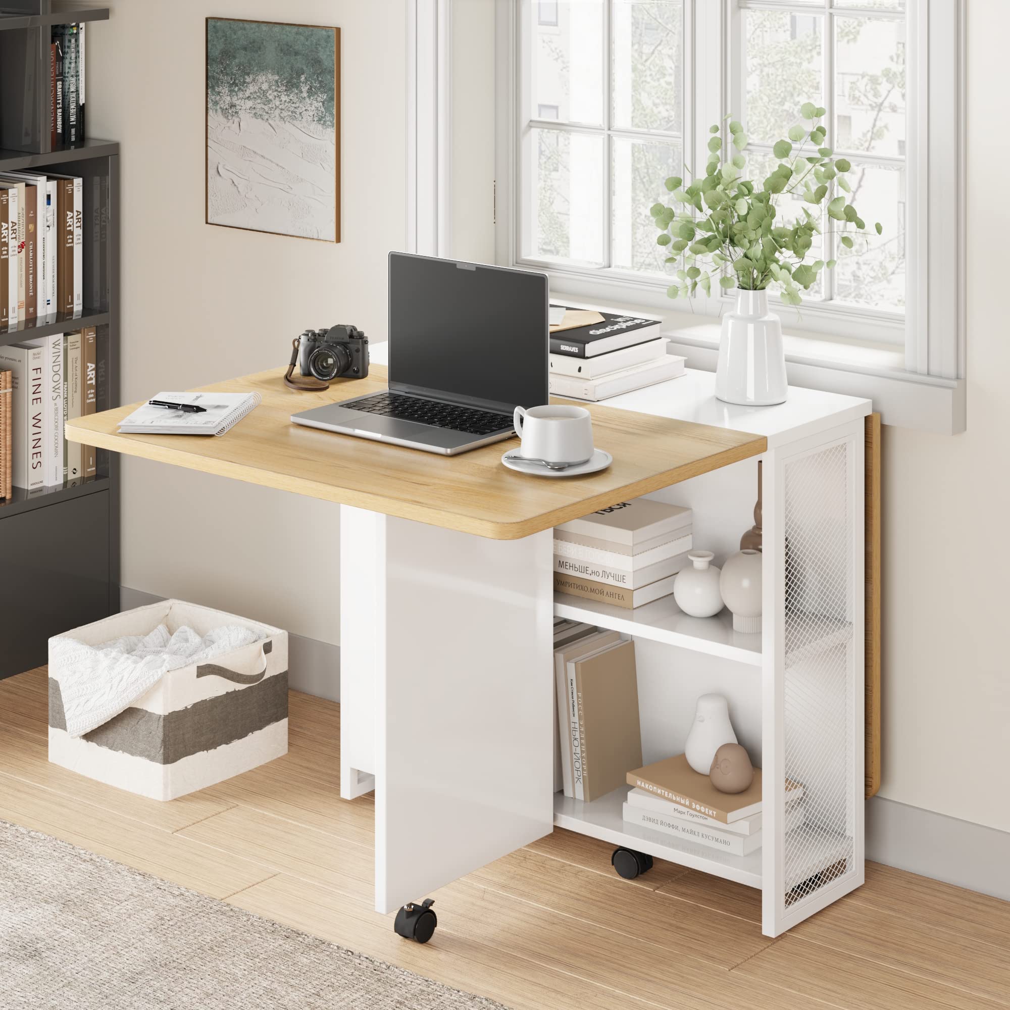 Alkmaar Folding Dining Table - Space Saving Drop Leaf Table for Small Spaces | Collapsible Kitchen, Office & Dining Room Furniture with 4 Storage Racks | Perfect for Apartments, Studios & Multi-Functional Spaces