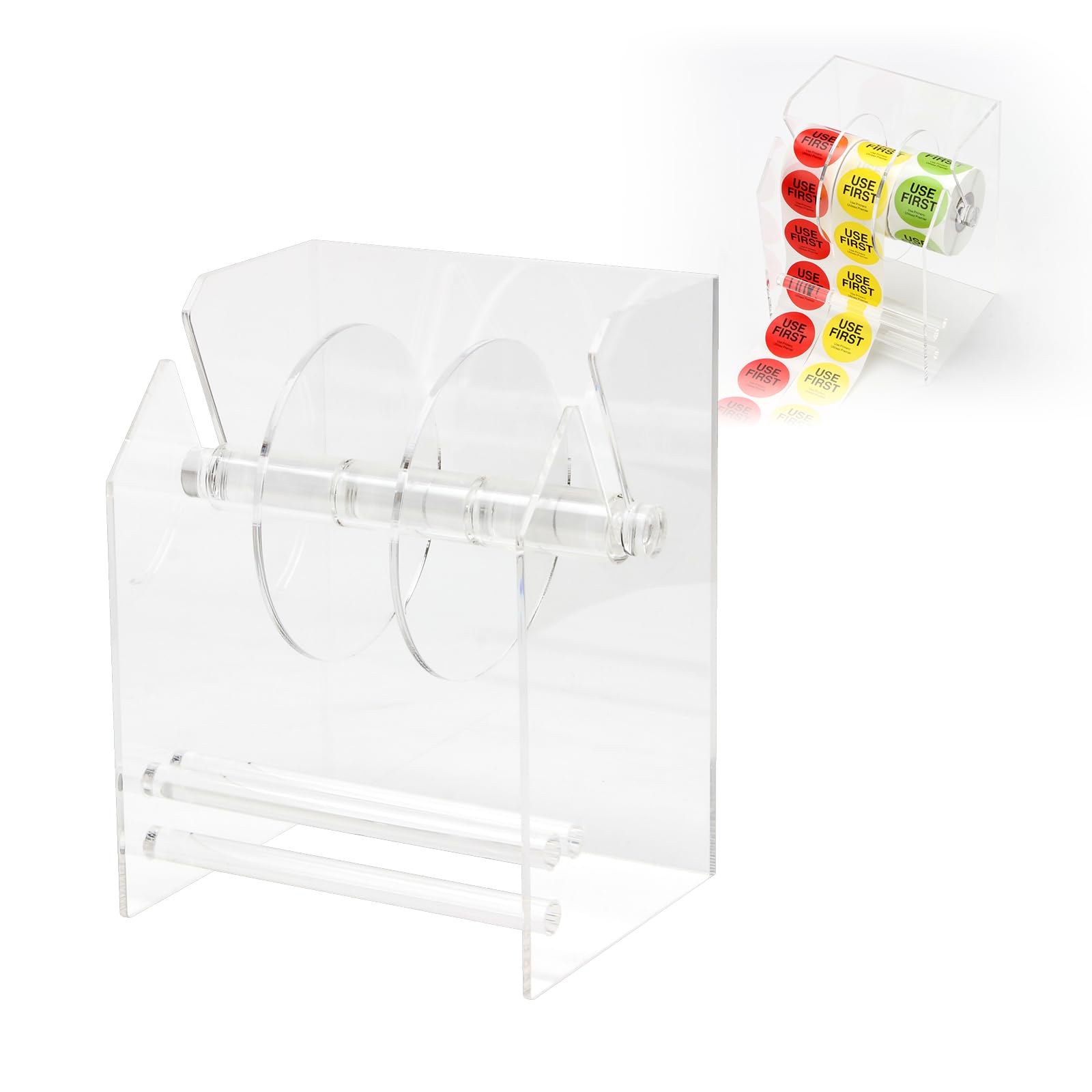 Adjustable Acrylic Label Dispenser - Transparent Sticker Roll Holder for Office & Home Organization - Desktop Sticker Organizer Stand with 3 Disks - Perfect for Mailing, Filing, and Craft Projects