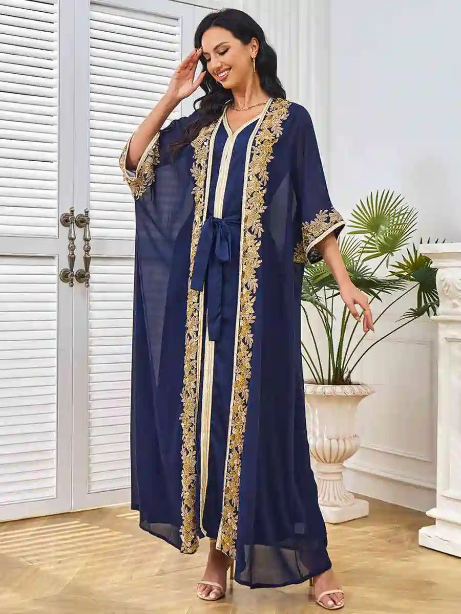 Elegant Beaded Eid 2-Piece Set - Batwing Sleeve Farasha Kaftan Dress for Women | Perfect for Eid Celebrations, Weddings & Special Occasions (#25264)