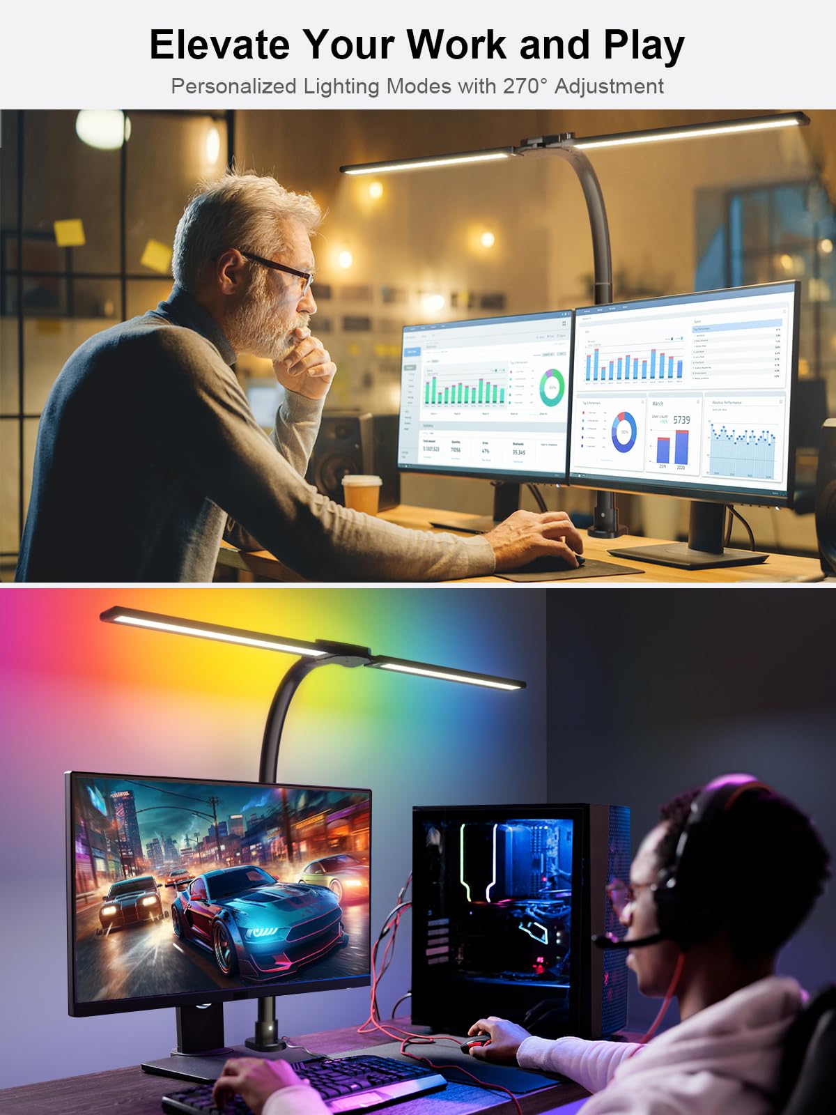 Double Swing Arm LED Desk Lamp with Clamp - 24W Ultra Bright Auto Dimming Table Light with RGB Mood Lighting, Multi-Angle Adjustable Touch Control for Home Office, Study, Gaming & Reading