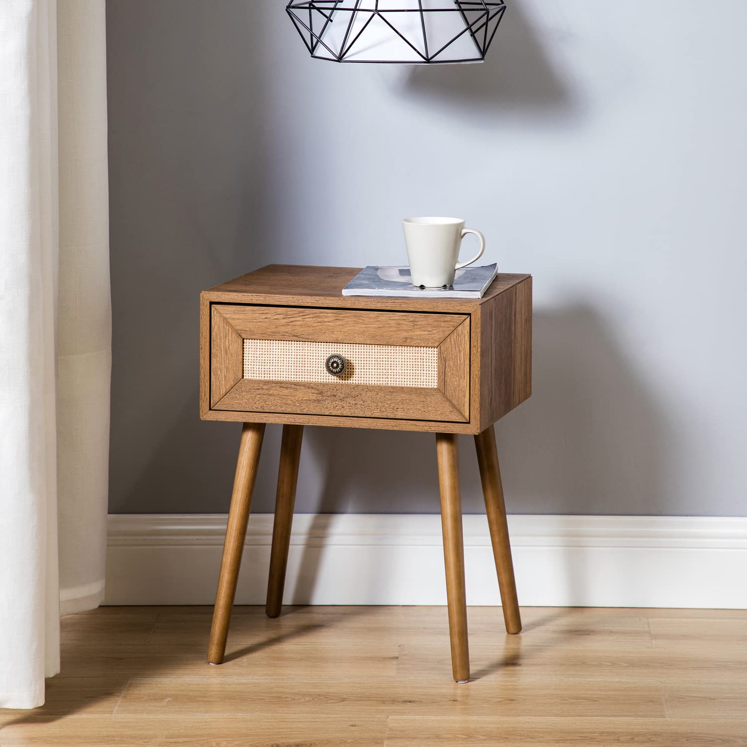 Boho Rattan Nightstand with Drawer - Solid Wood Legs Farmhouse Side Table with Round Handle - Easy Assembly Bedside End Table for Bedroom & Living Room - Natural Finish - Perfect for Small Spaces & Cozy Home Decor
