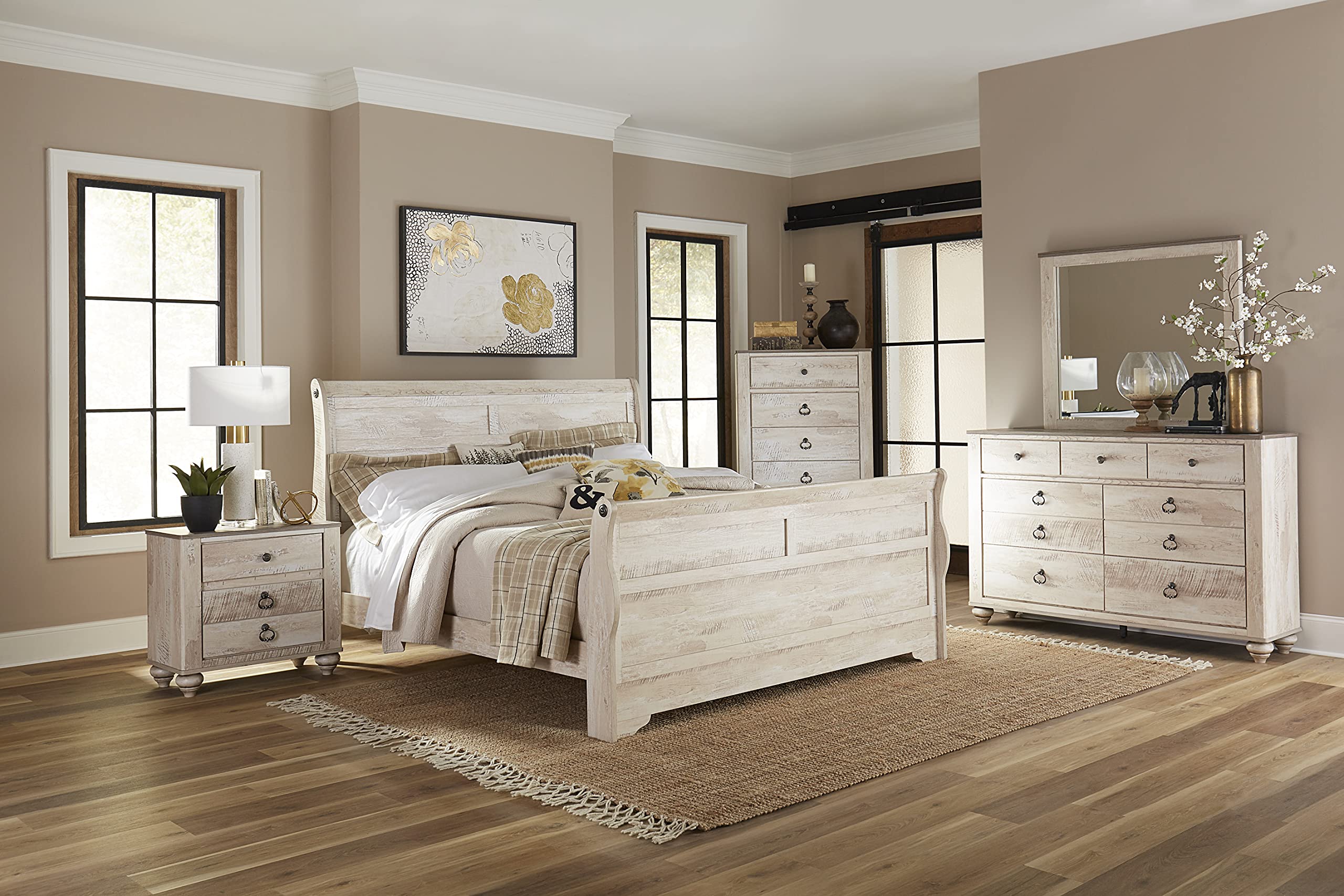 Roundhill Furniture Imerland 6-Piece King Size Sleigh Bedroom Set with White-Washed Finish - Perfect for Master Bedrooms & Guest Rooms
