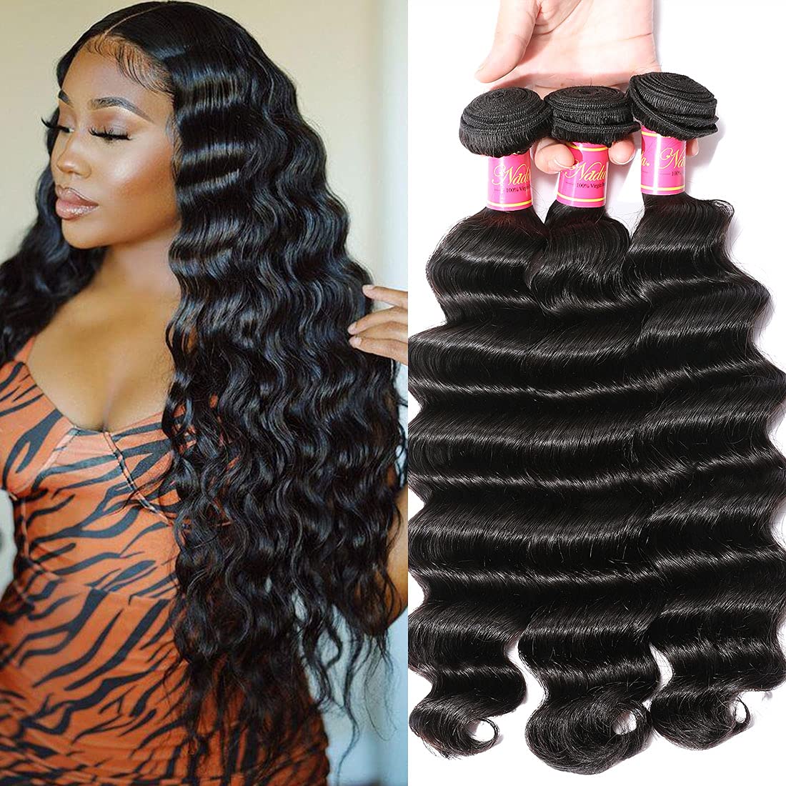 Nadula 8A Brazilian Loose Deep Wave Hair Bundles - 100% Unprocessed Virgin Human Hair Weave (18 20 22 Inches) for Natural Look | Perfect for Wigs, Extensions & Styling