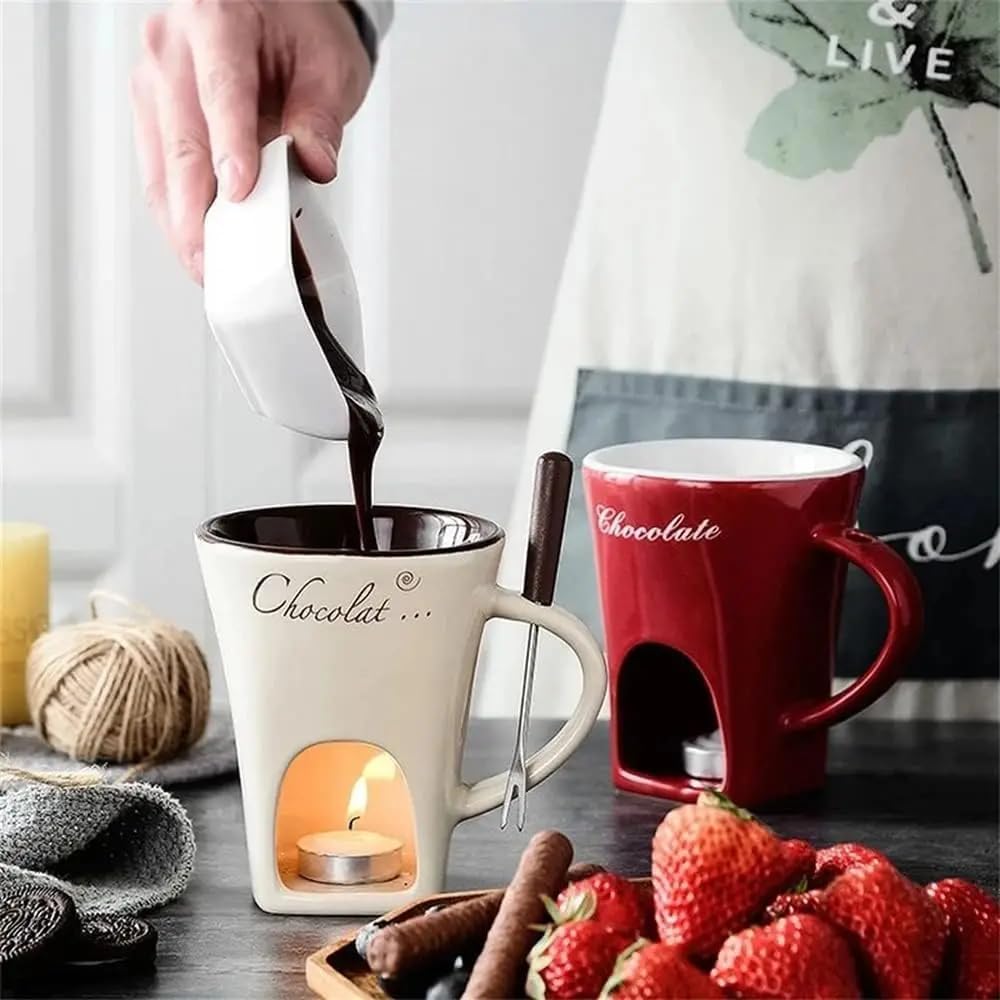 4.58oz Chocolate Fondue Mugs Set with Forks - Ceramic Melting Pot for Cheese, Caramel & Chocolate - Includes Tealight Candle - Perfect for Romantic Dinners, Dessert Parties & Coffee Butter Warmers