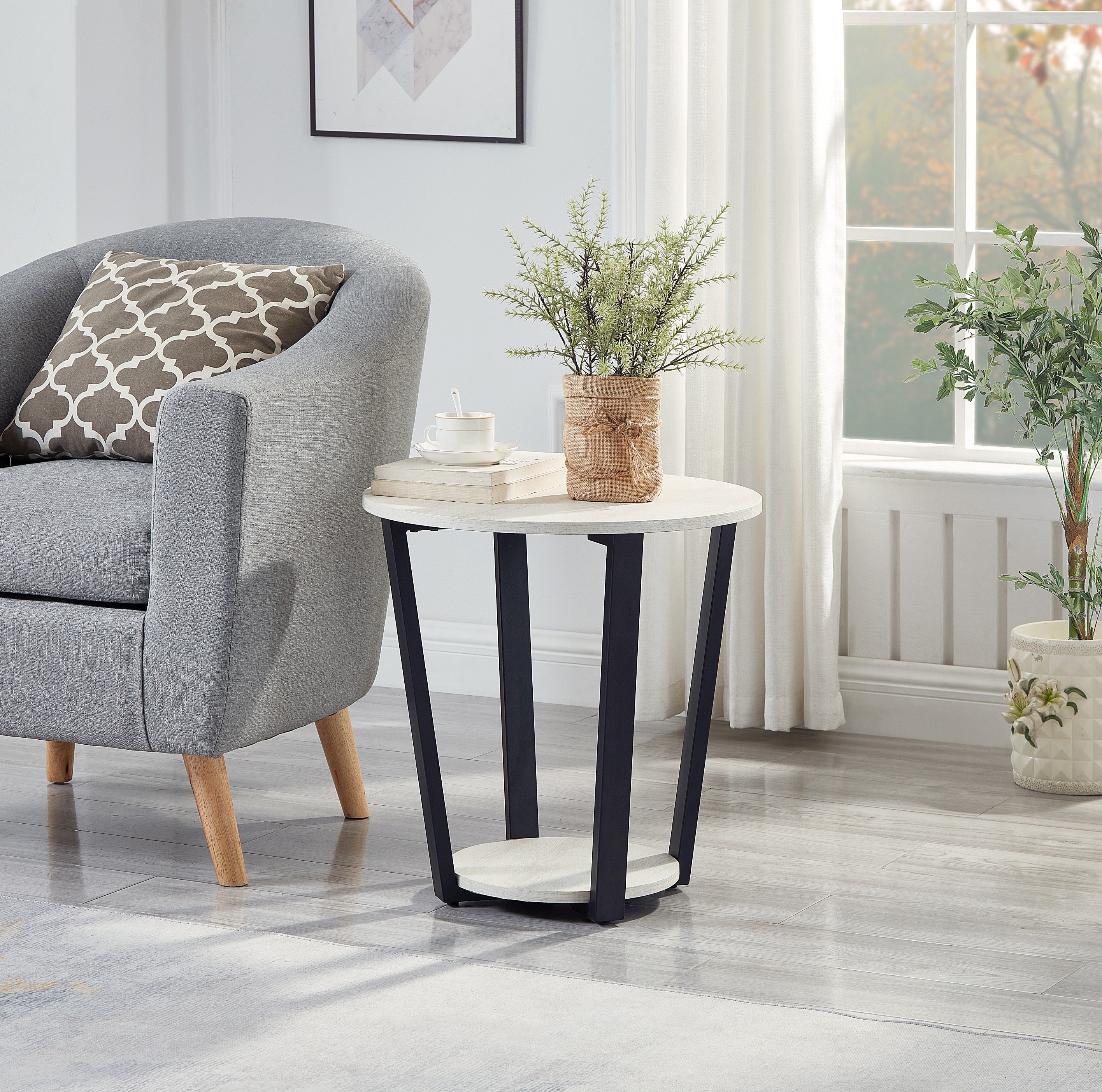 Roundhill Furniture Elysian Modern Round End Table with Lower Shelf - Stylish Living Room Side Table for Sofa, Bedroom & Small Spaces