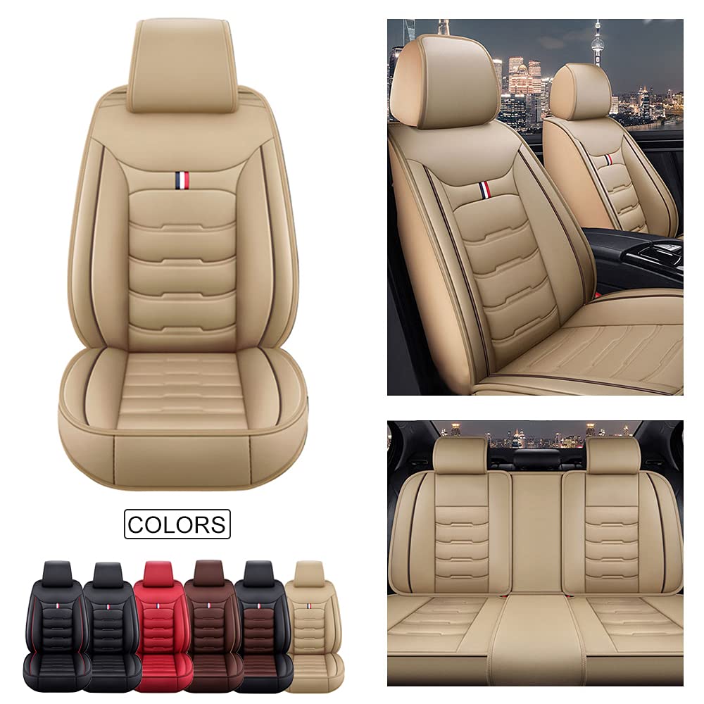 Peugeot 301 2014-2014 Leather Car Seat Covers Full Set - 5 Seats Waterproof & Breathable Seat Protectors with Airbag Compatibility (Beige) | Perfect for Daily Commute, Road Trips & Family Protection