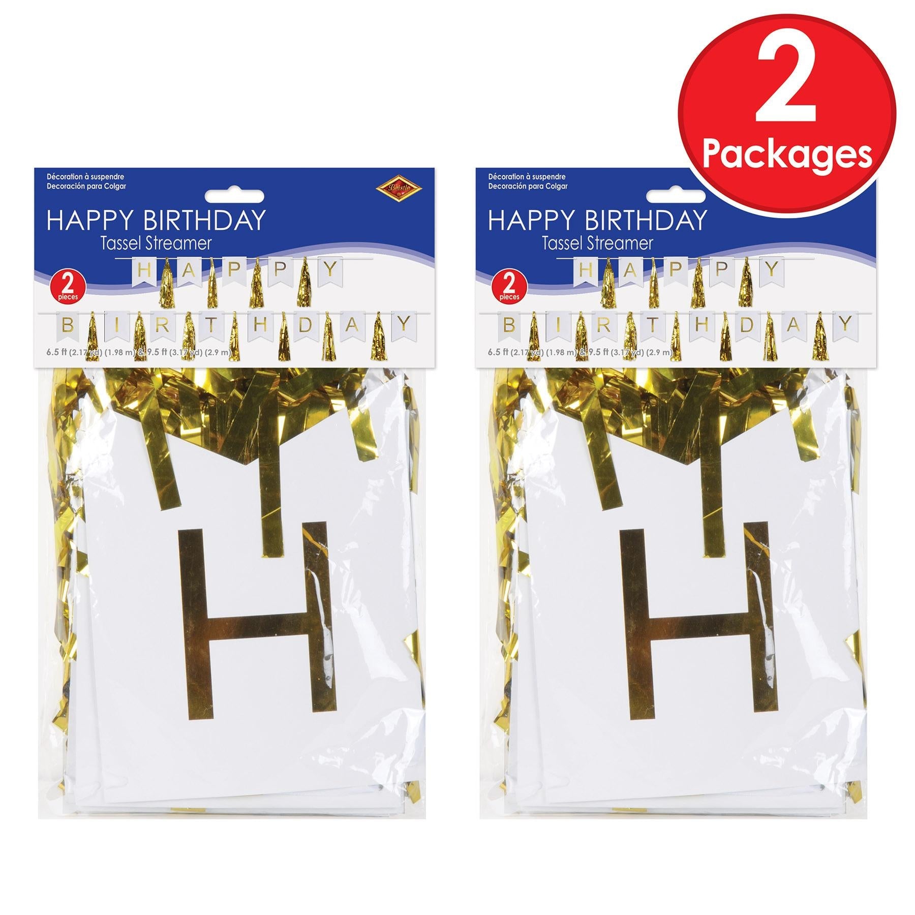 12 Pack Gold and White Happy Birthday Party Tassel Streamers - Decorative Party Supplies for Birthday Celebrations, Baby Showers & Special Events