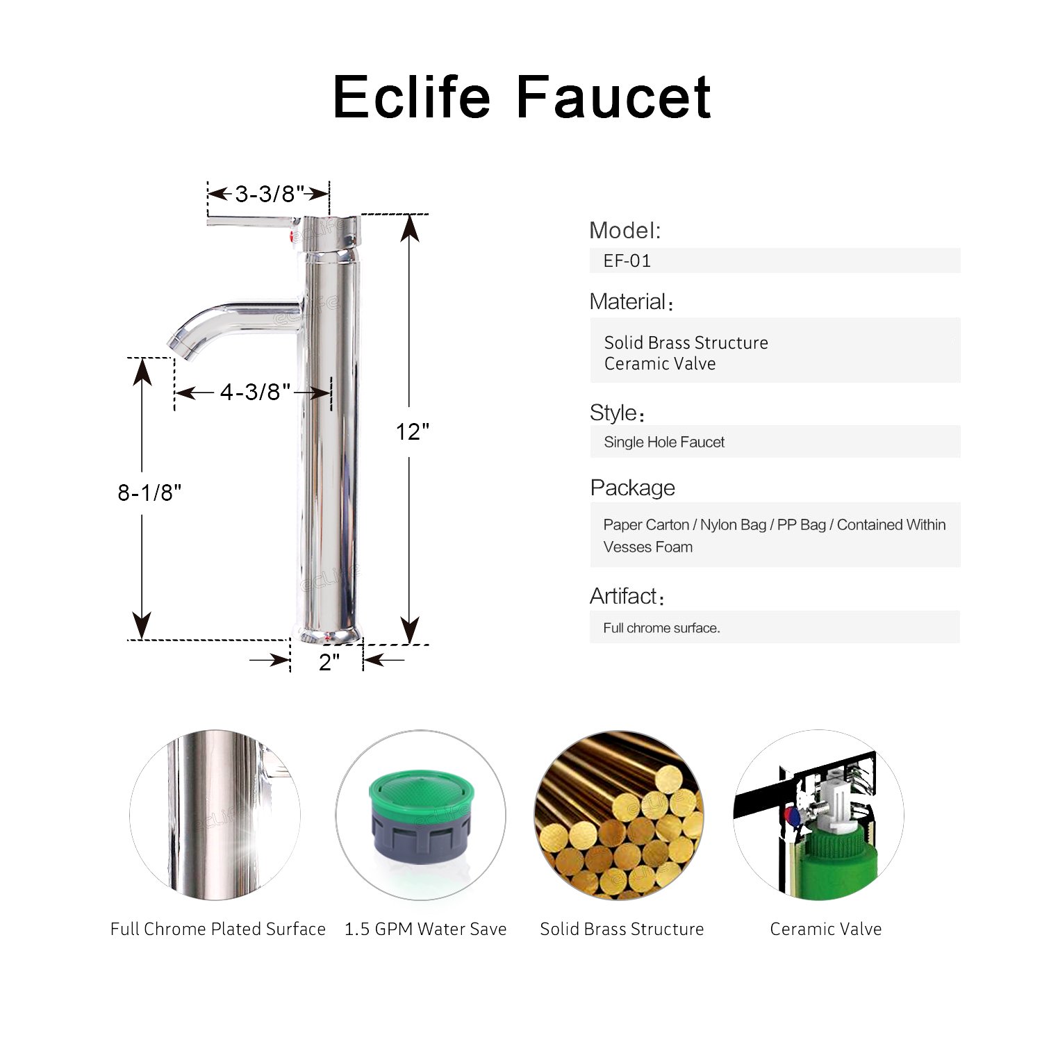 Eclife Classic White Round Ceramic Vessel Sink with Chrome Faucet & Pop-Up Drain - Porcelain Bathroom Countertop Sink Bowl for Modern Vanity, Powder Room & Guest Bathroom Decor