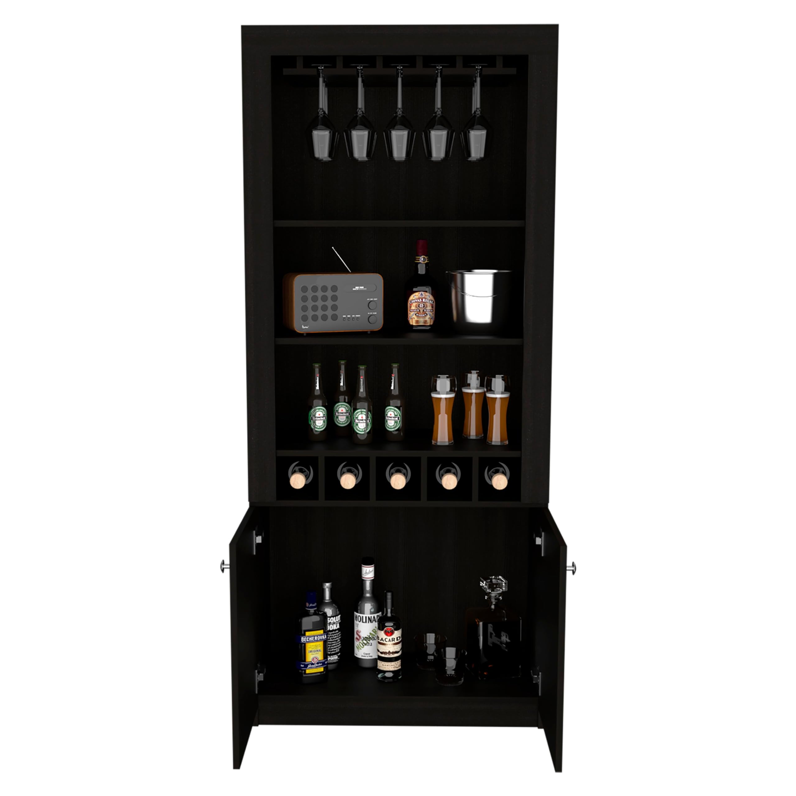 Tuhome Montenegro Bar Cabinet with Double Doors, 5 Built-in Wine Racks & 3 Adjustable Shelves - Black | Modern Home Bar Furniture for Living Room, Dining Room or Office