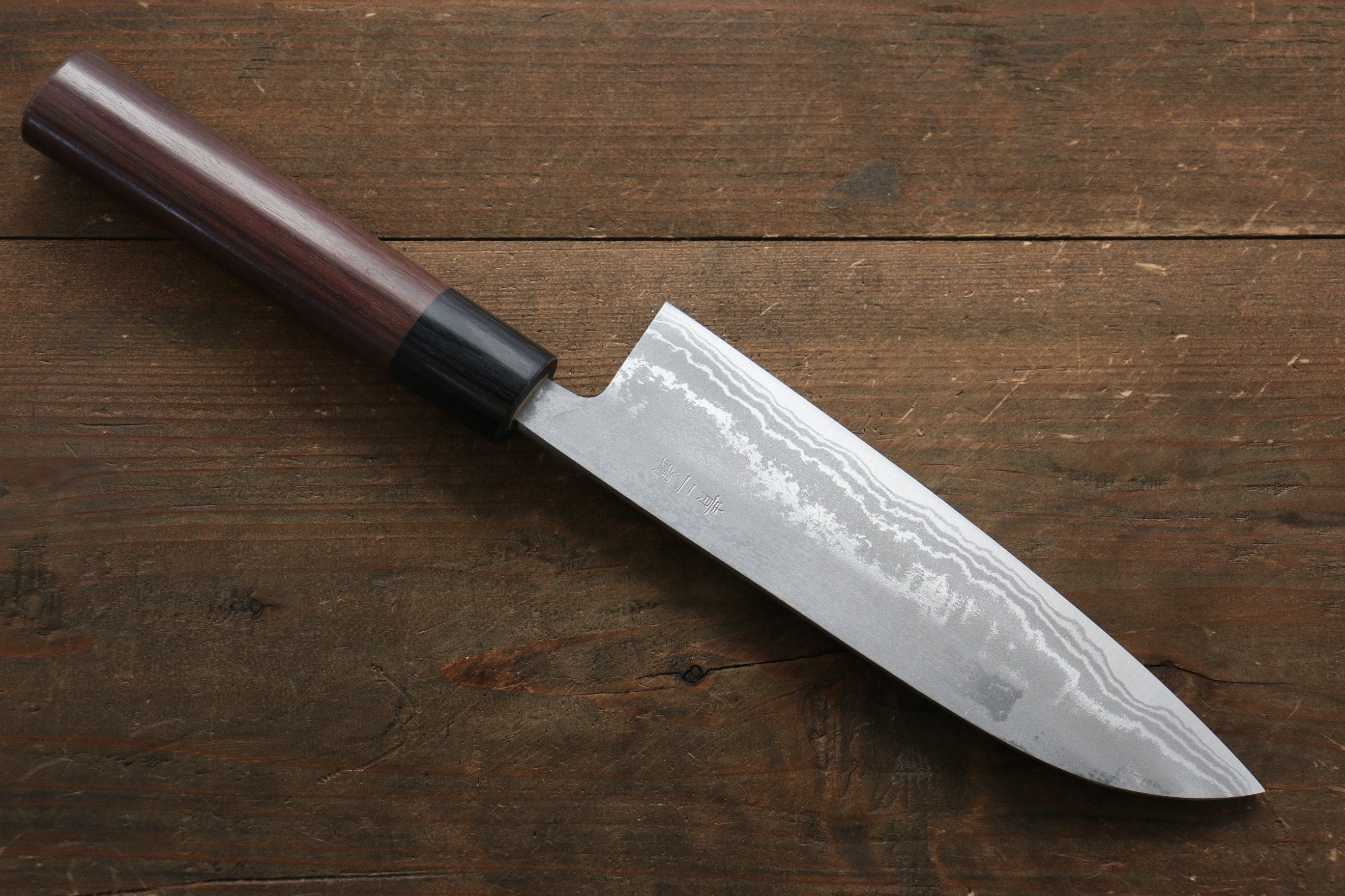 Premium Kanetsune Blue Steel No.2 Damascus Santoku Knife 165mm with Exquisite Shitan Handle - Perfect for Slicing, Dicing, and Chopping Vegetables in Professional Kitchens & Home Cooking