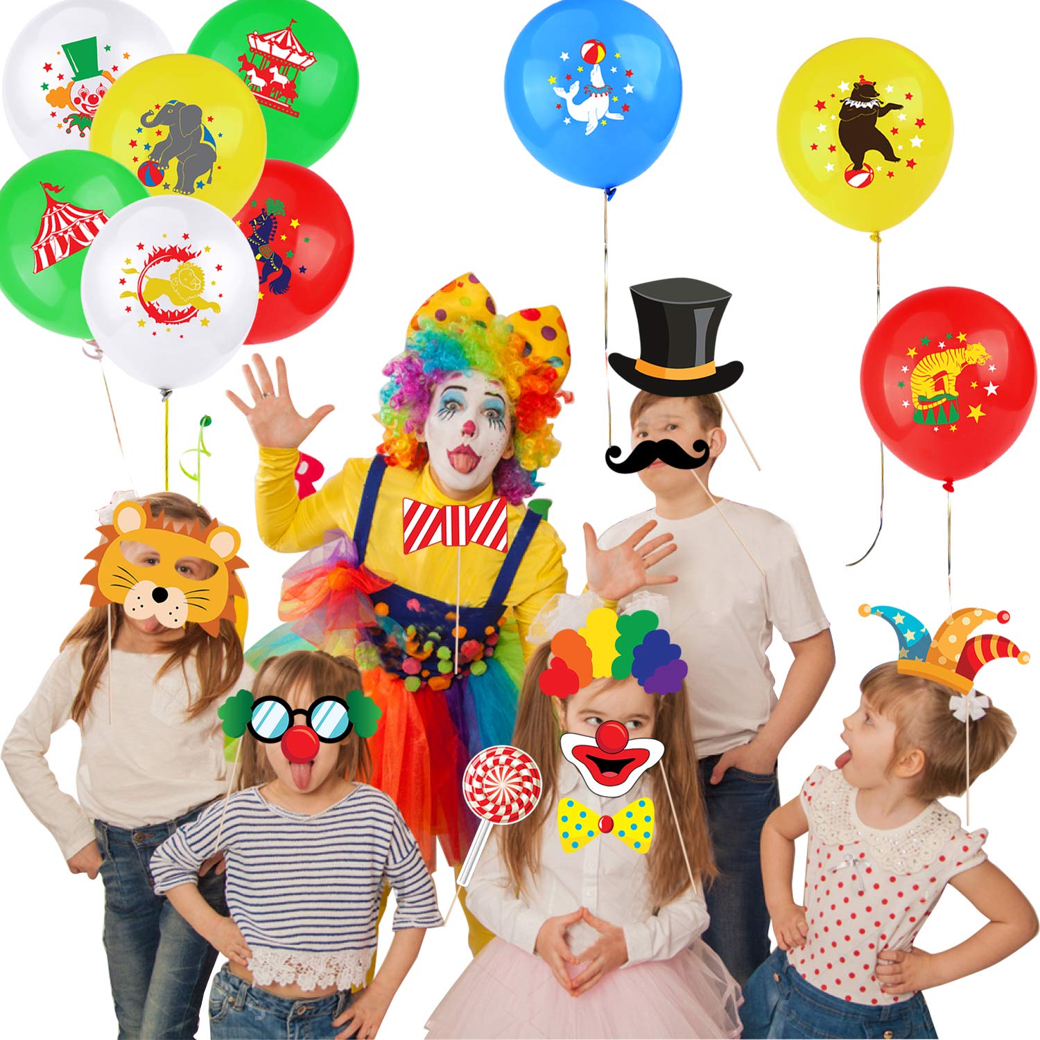 Circus Carnival Party Decorations - 20 Carnival Balloons, 11 Photo Booth Props & Backdrop Banner for Circus Themed Birthday, Baby Shower & Carnival Events