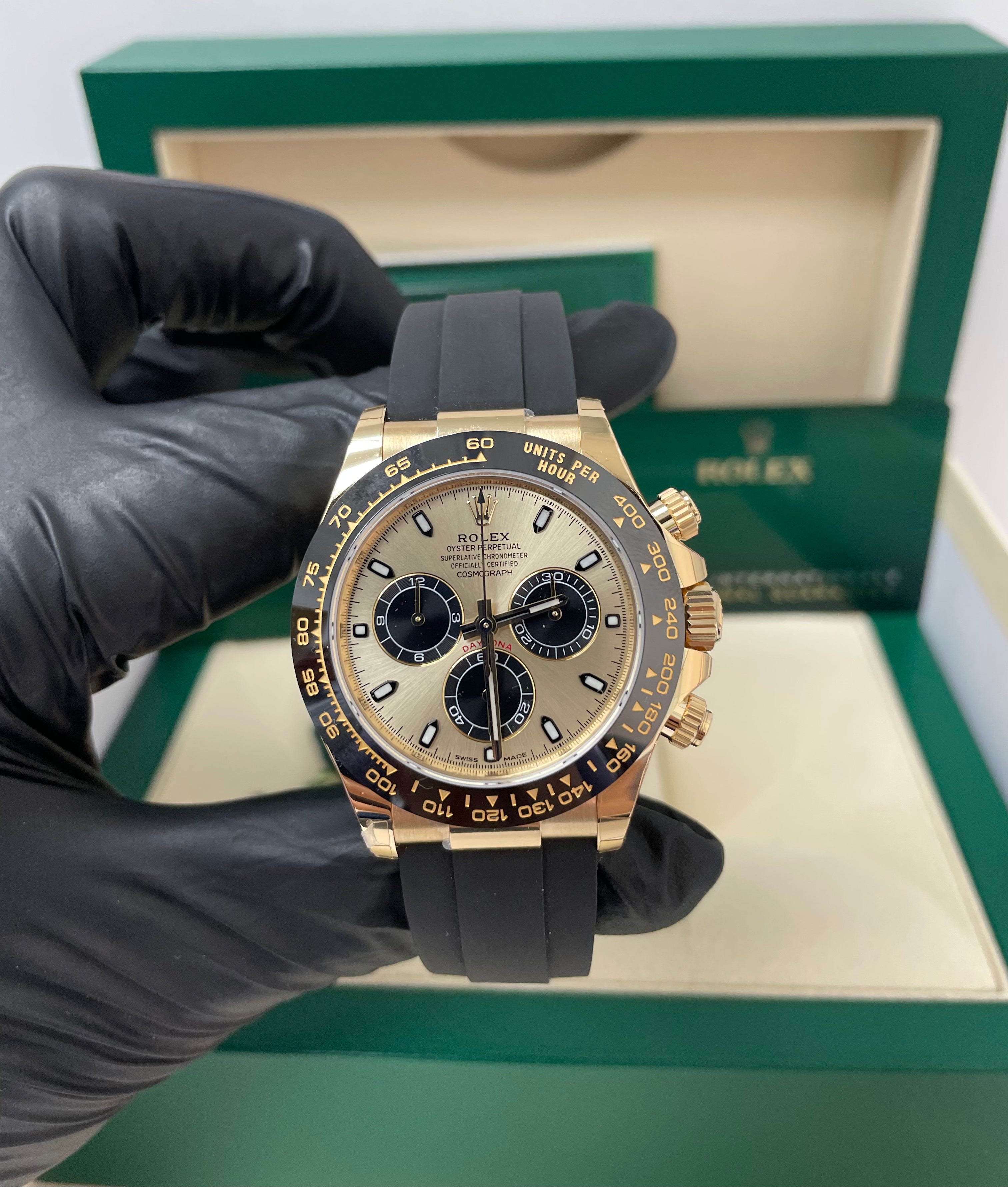 Rolex Daytona 40mm Champagne Dial with Black Subdials & Black Oysterflex Strap Ref 116518LN - Luxury Men's Watch for Business, Gala & Special Occasions