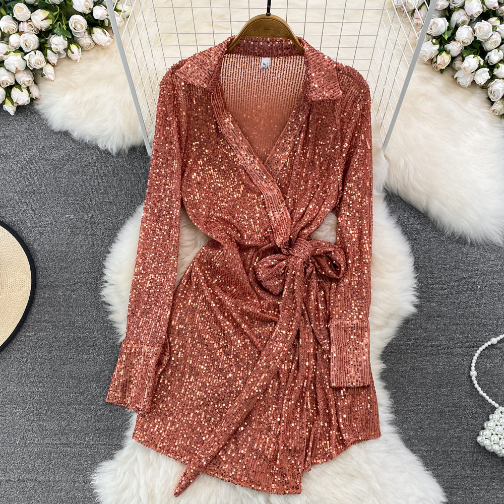 Sparkly Long Sleeve V-Neck Bowknot A-Line Mini Dress for Women | Elegant Party & Cocktail Attire | Perfect for Holiday Events, Date Nights & Special Occasions
