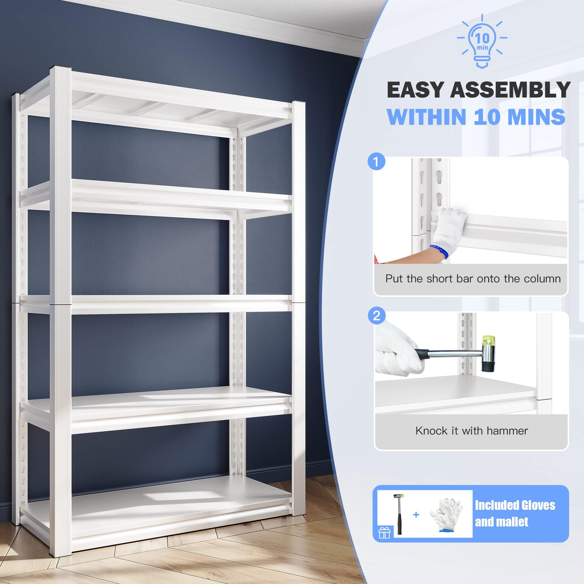Raybee Heavy Duty 5-Tier Metal Shelving Unit - 2000LBS Capacity Garage Storage Shelves (2 Pack, White) - Perfect for Kitchen Pantry, Closet Organization, Basement & Warehouse Storage