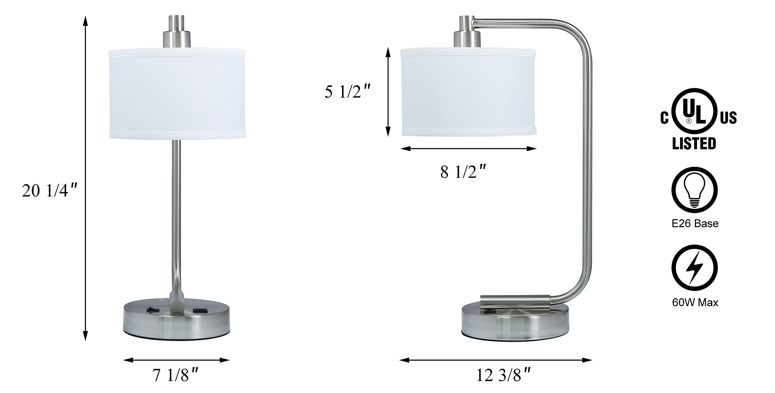 Modern USB Table Lamp with Fabric Shade & Brushed Nickel Finish - Bedside Desk Lamp with Charging Port for Bedroom, Living Room & Office - Perfect for Night Reading, Working & Phone Charging XB-TL1226-BN