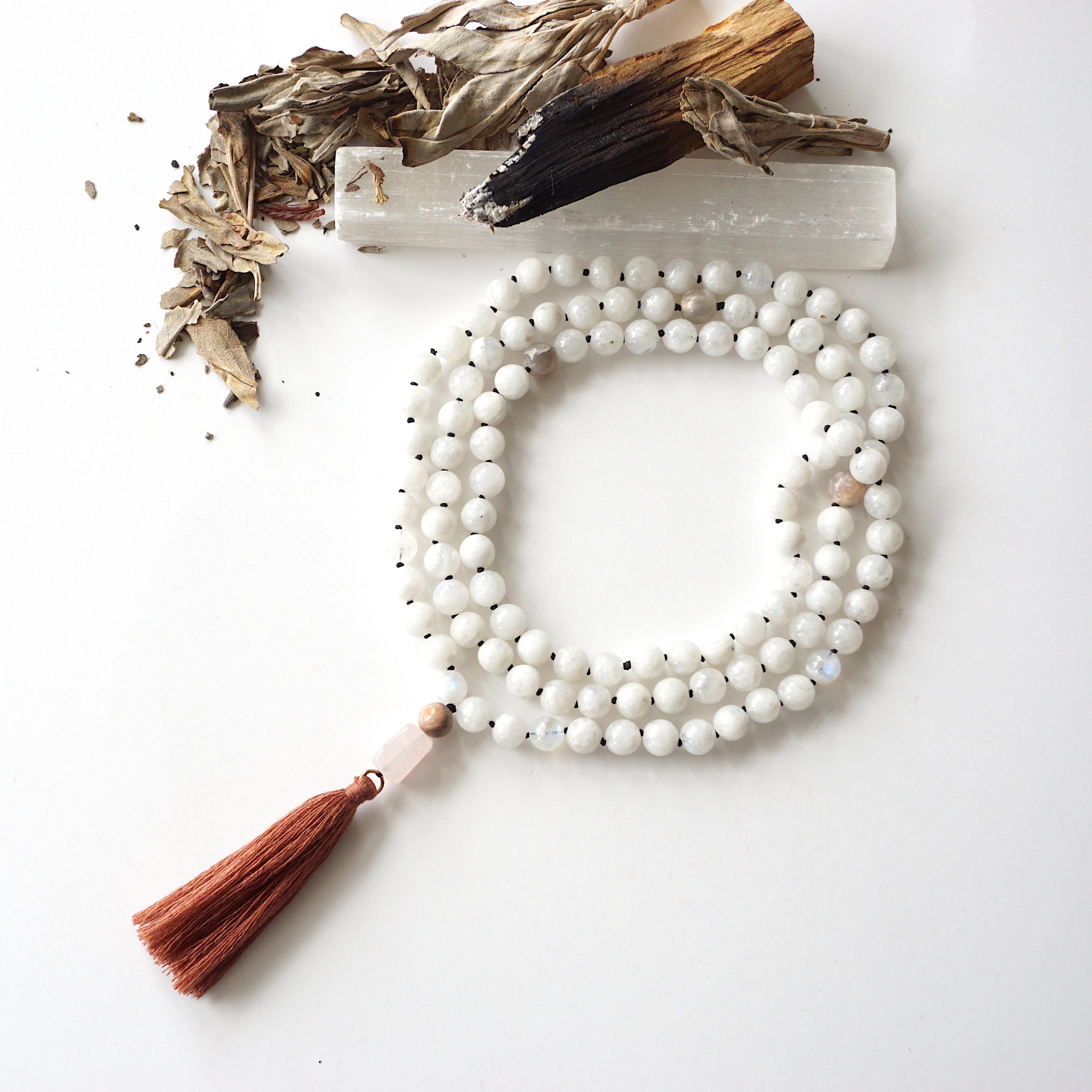 Moonstone and Rose Quartz Mala Necklace - Healing Crystal Beads for Meditation, Yoga & Spiritual Balance | Perfect for Mindfulness Practice & Stress Relief
