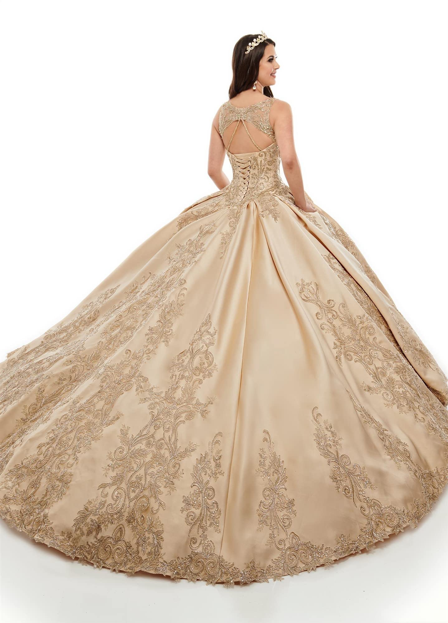 Emanni Women's Elegant Spaghetti Strap Embroidered Quinceanera Dress with Beaded Details - Sweet 16 Ball Gown in Pink | Perfect for Quinceañeras, Prom, Formal Dances & Special Occasions