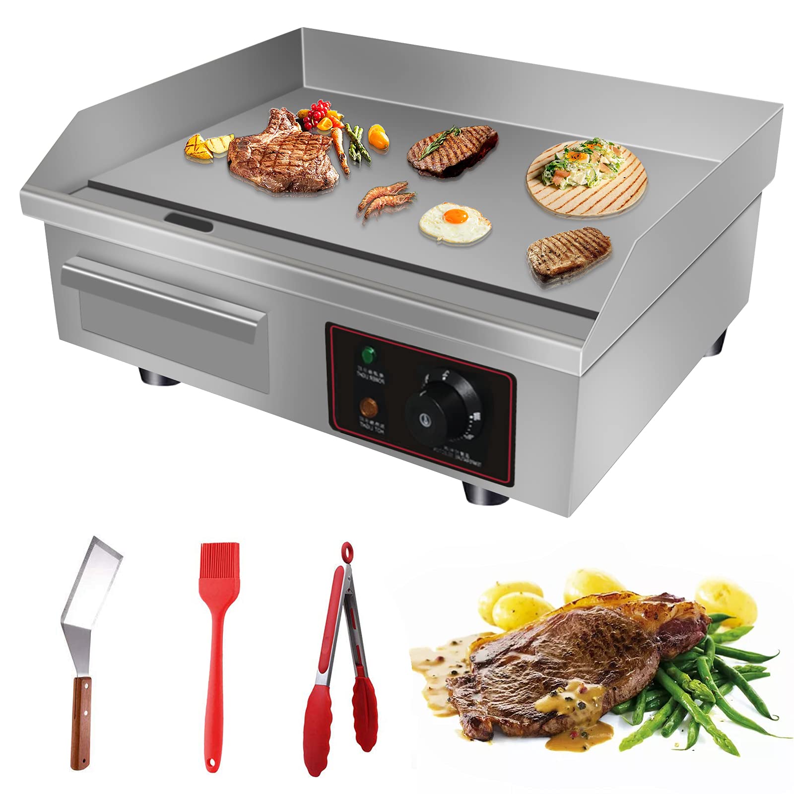 Allyaduo 110V 3000W 22-Inch Commercial Electric Griddle Flat Top Grill with Adjustable Thermostat - Stainless Steel Countertop Grill for Restaurant, Kitchen, BBQ & Pancake Breakfast - Perfect for Diners, Food Trucks & Outdoor Cooking