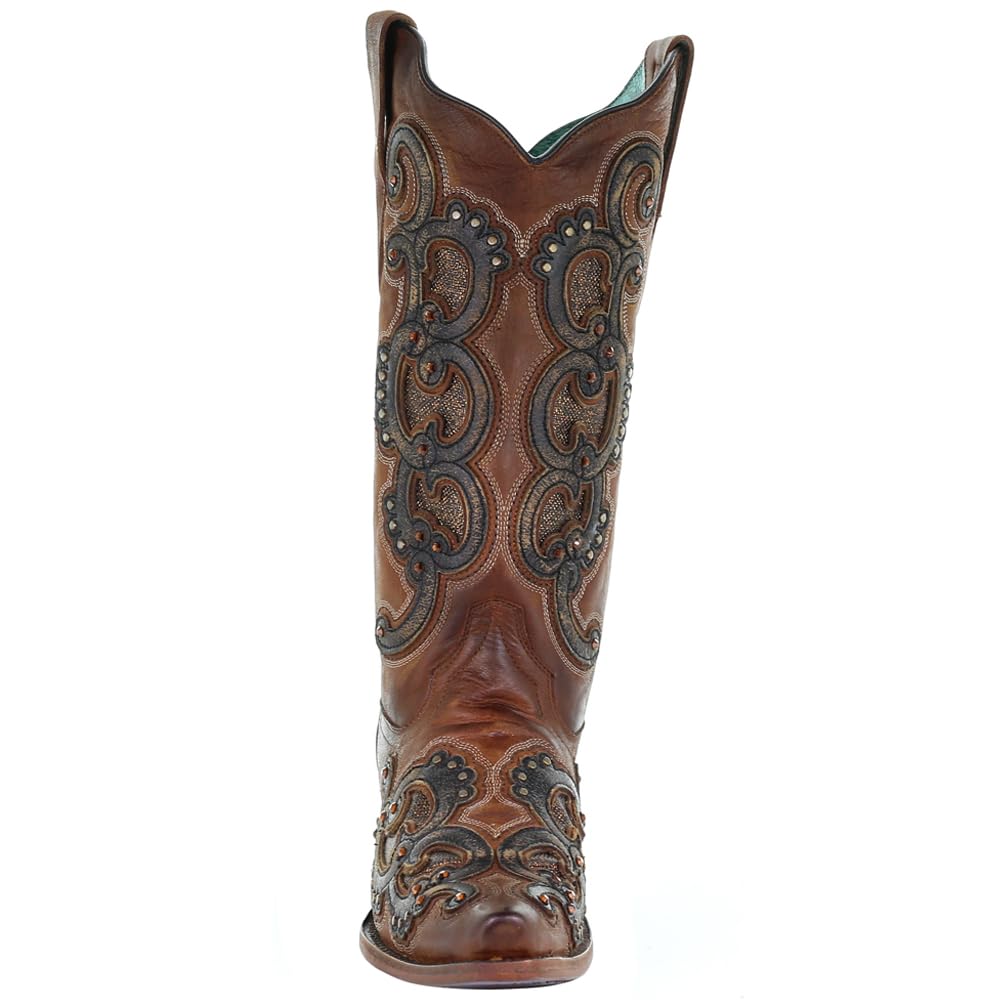 Women's Honey Overlay Embroidered Studded Snip Toe Cowgirl Boots - Mid Calf Western Boots with 2-3