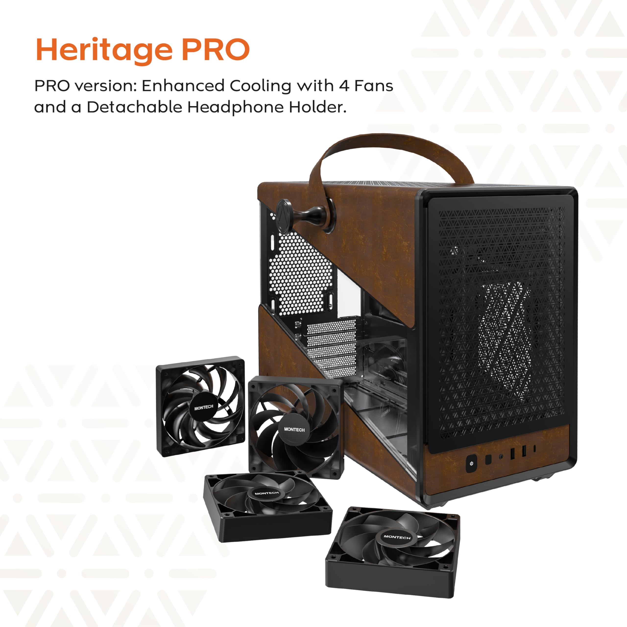 MontECH Heritage PRO mATX Gaming Case - Compact Leather Chassis with Signature Handle, Supports RTX 50 Series GPUs, ATX PSU & 360mm AIO, 4 Pre-Installed Fans, Headphone Hanger - Black (PRO) | Perfect for Compact Gaming Setups & LAN Parties