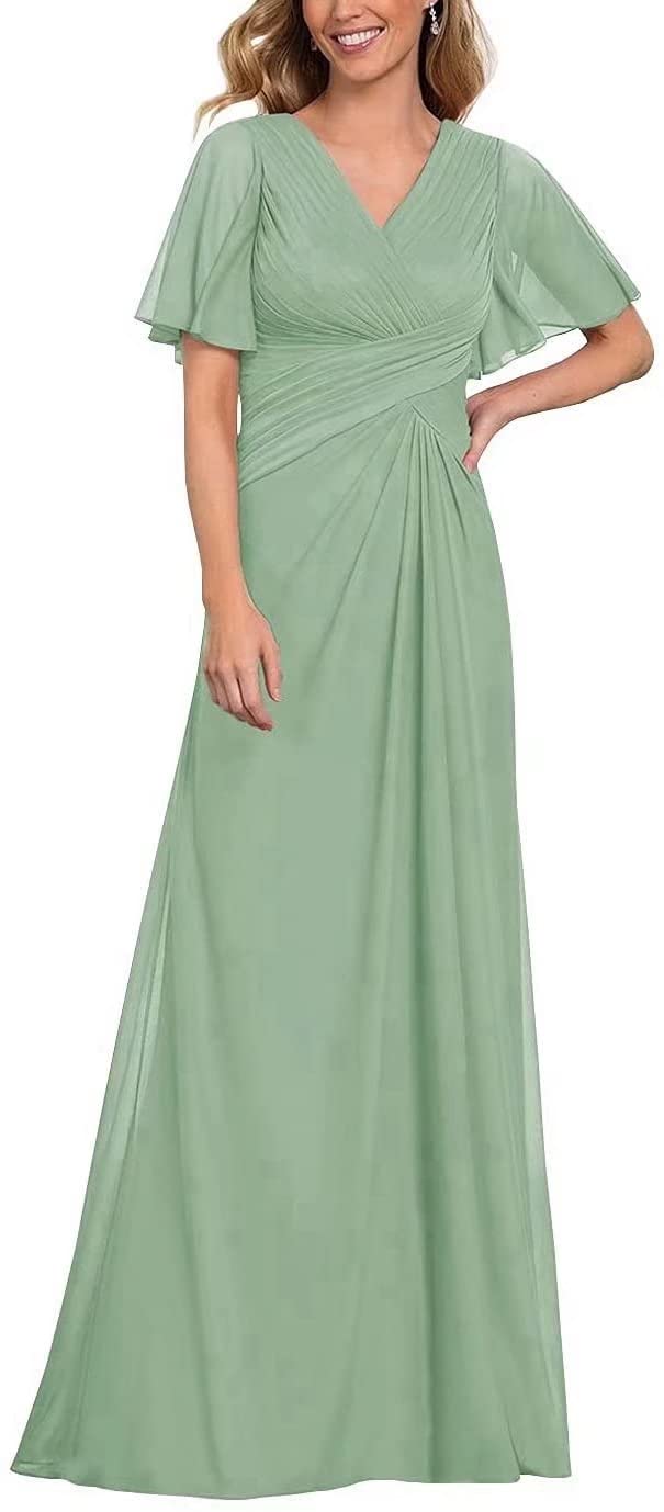 Elegant Sage Green Chiffon Mother of The Bride Dress with Ruffle Sleeves - Wedding Guest Dress for Women, Size 12 | Perfect for Formal Occasions, Evening Parties & Special Events
